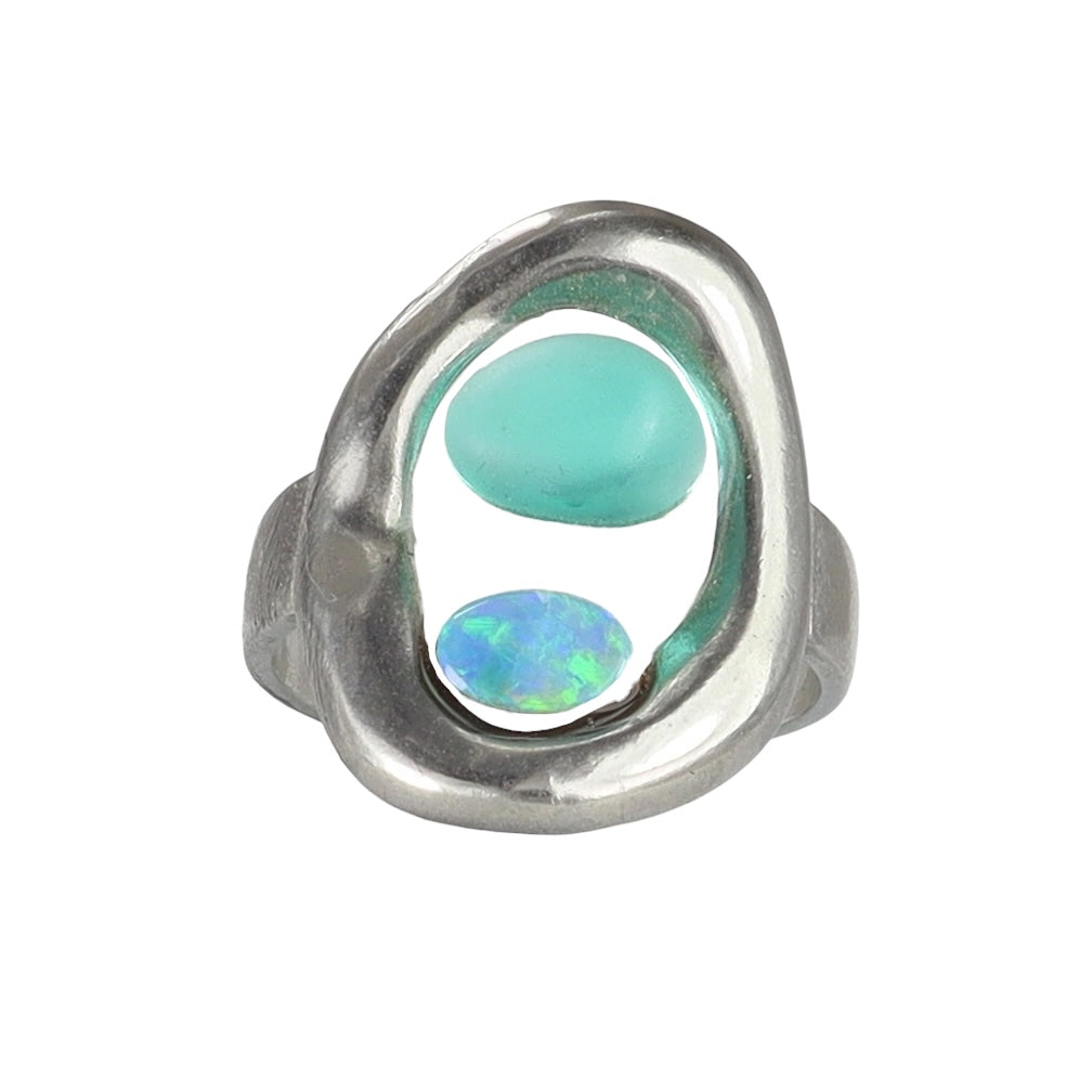 Genuine Blue Fire Opal & Teal Sea Glass Silver Ring