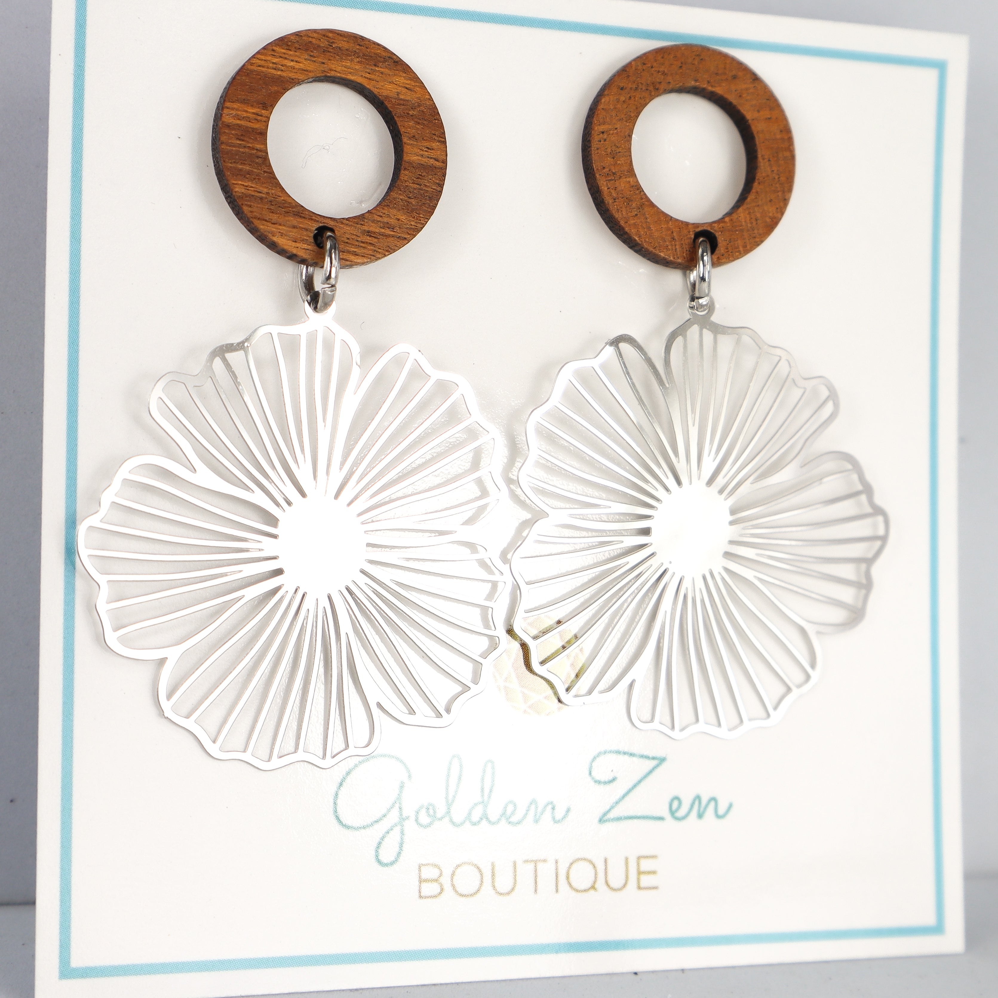 Wood & Silver Flower Geometric Statement Earrings