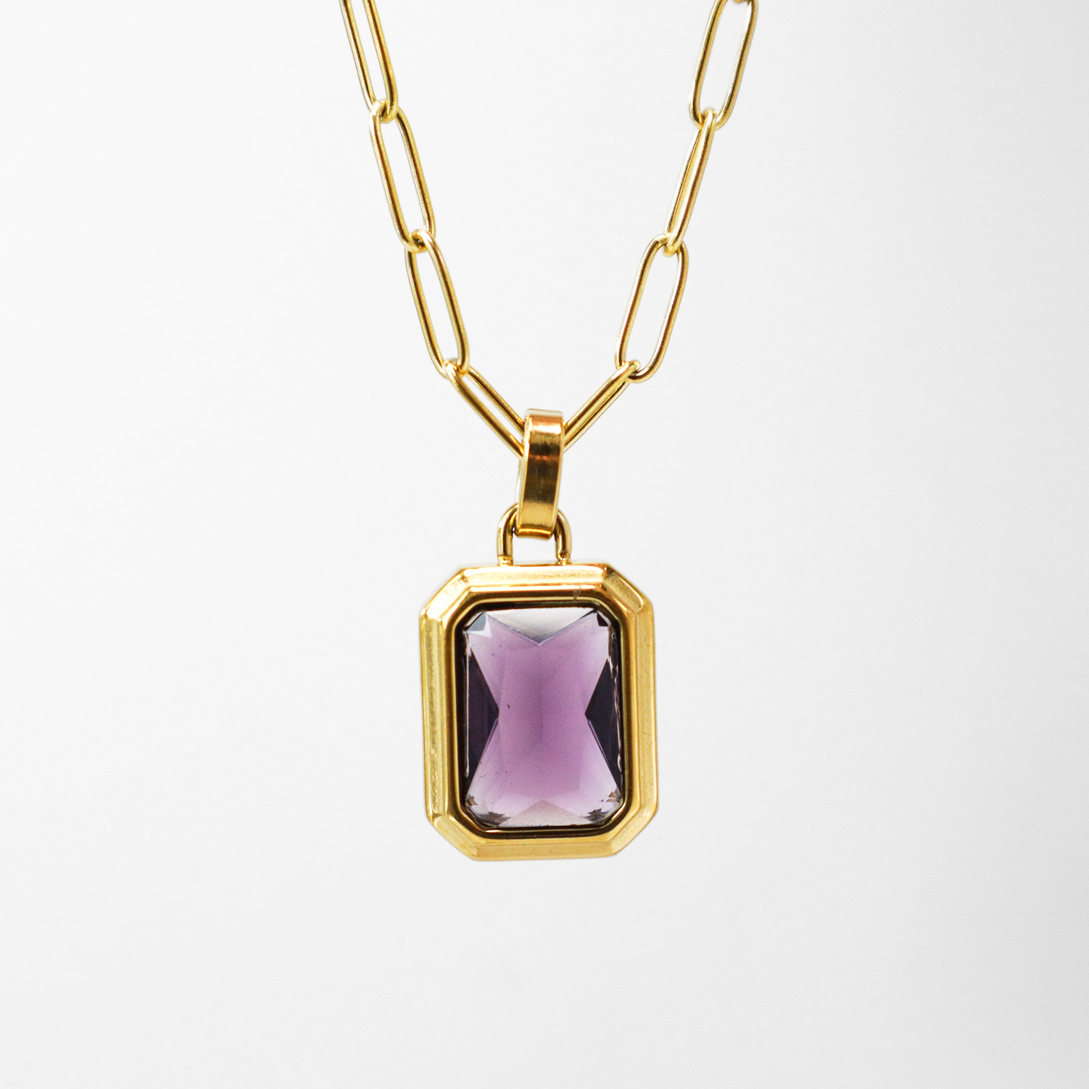 Emerald Cut Amethyst & Gold Staple Chain Necklace