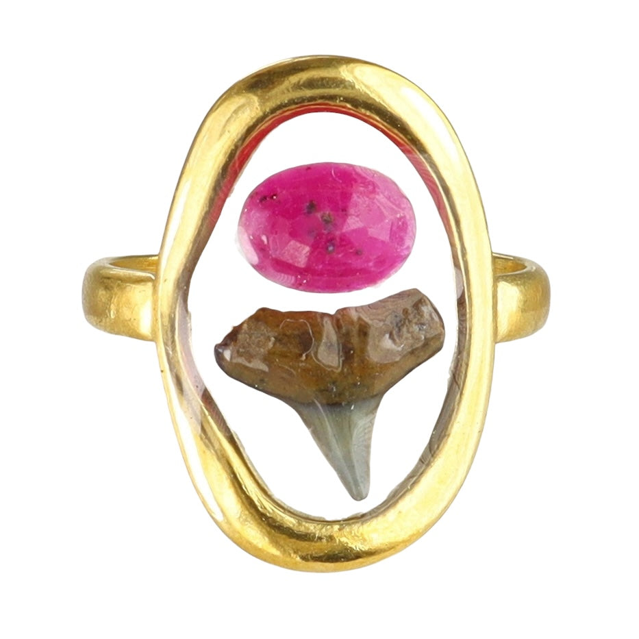 Prehistoric Venice Shark Tooth & Magenta Agate Ring