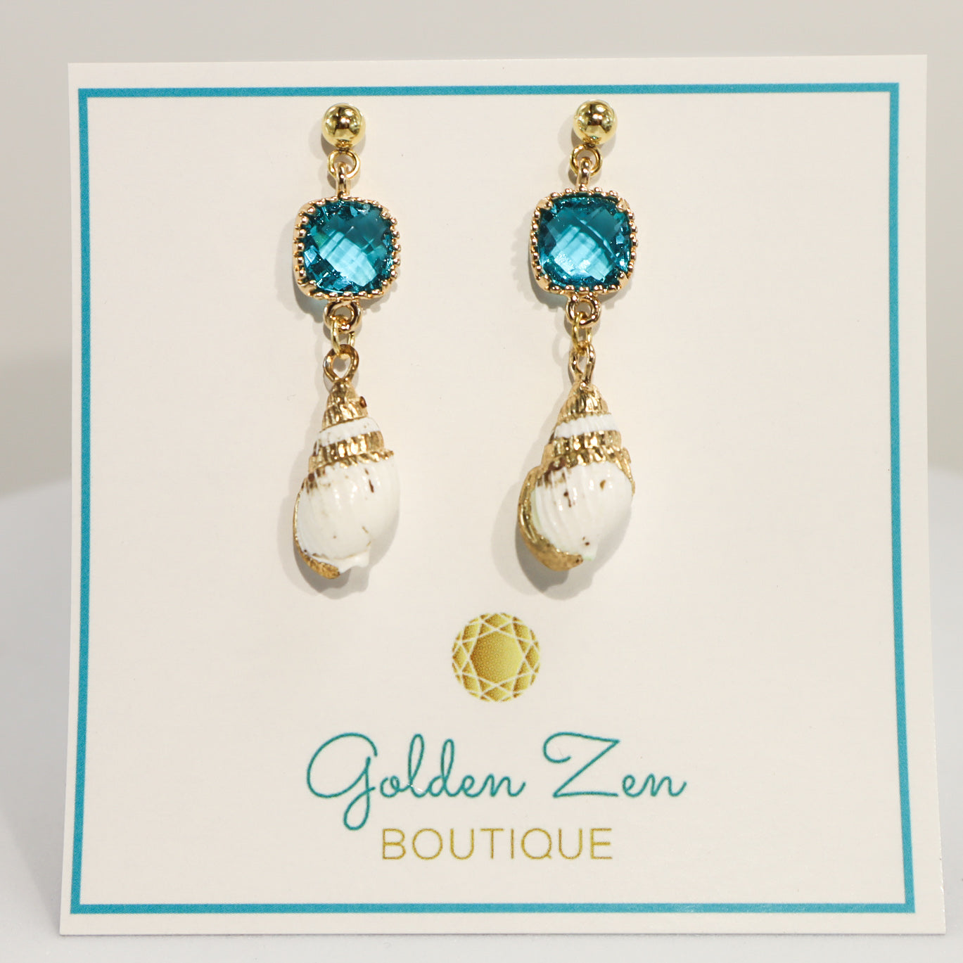 Gold Embellished Shell & Blue Crystal Dangle Post Earrings