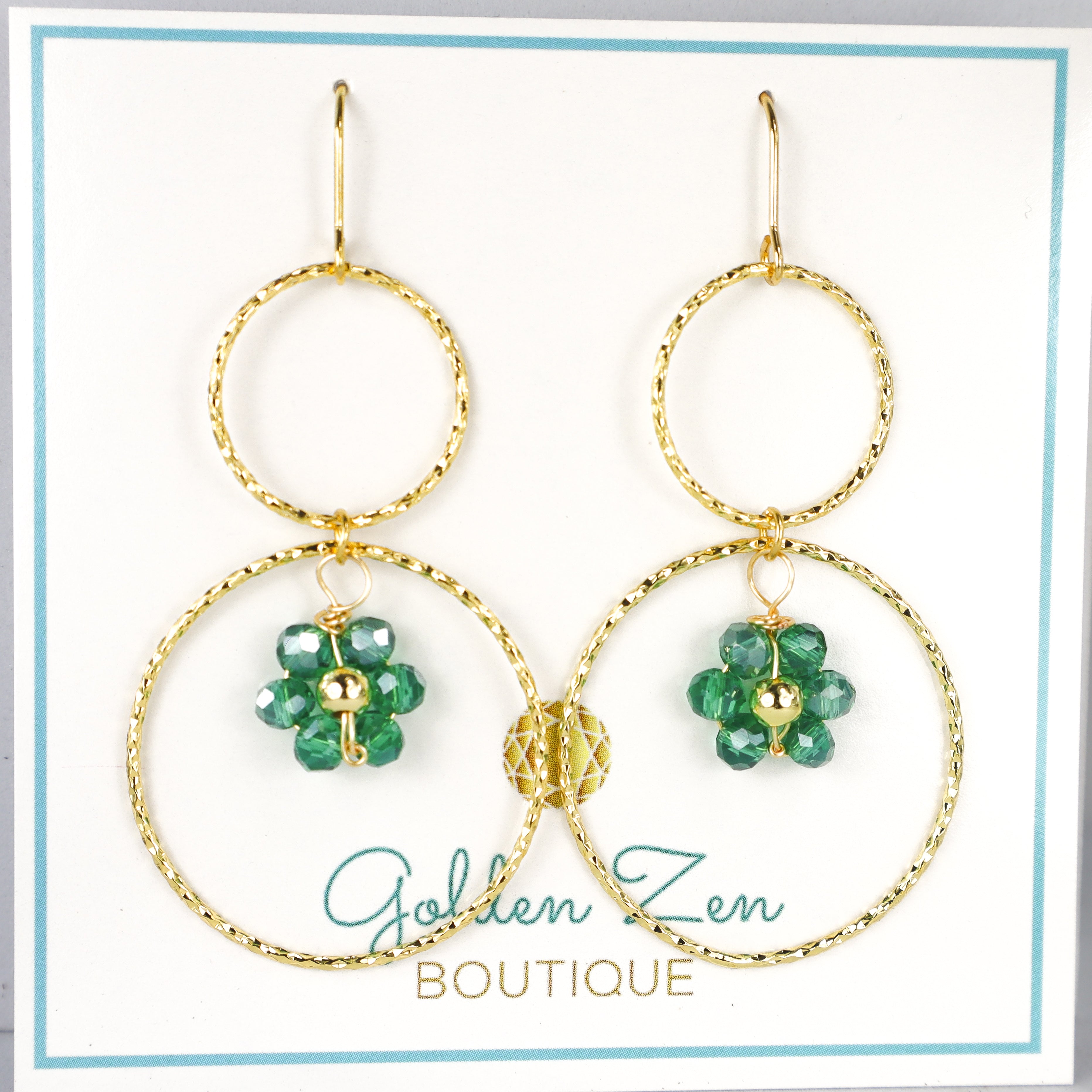 Lightweight Gold & Green Flower Statement Earrings
