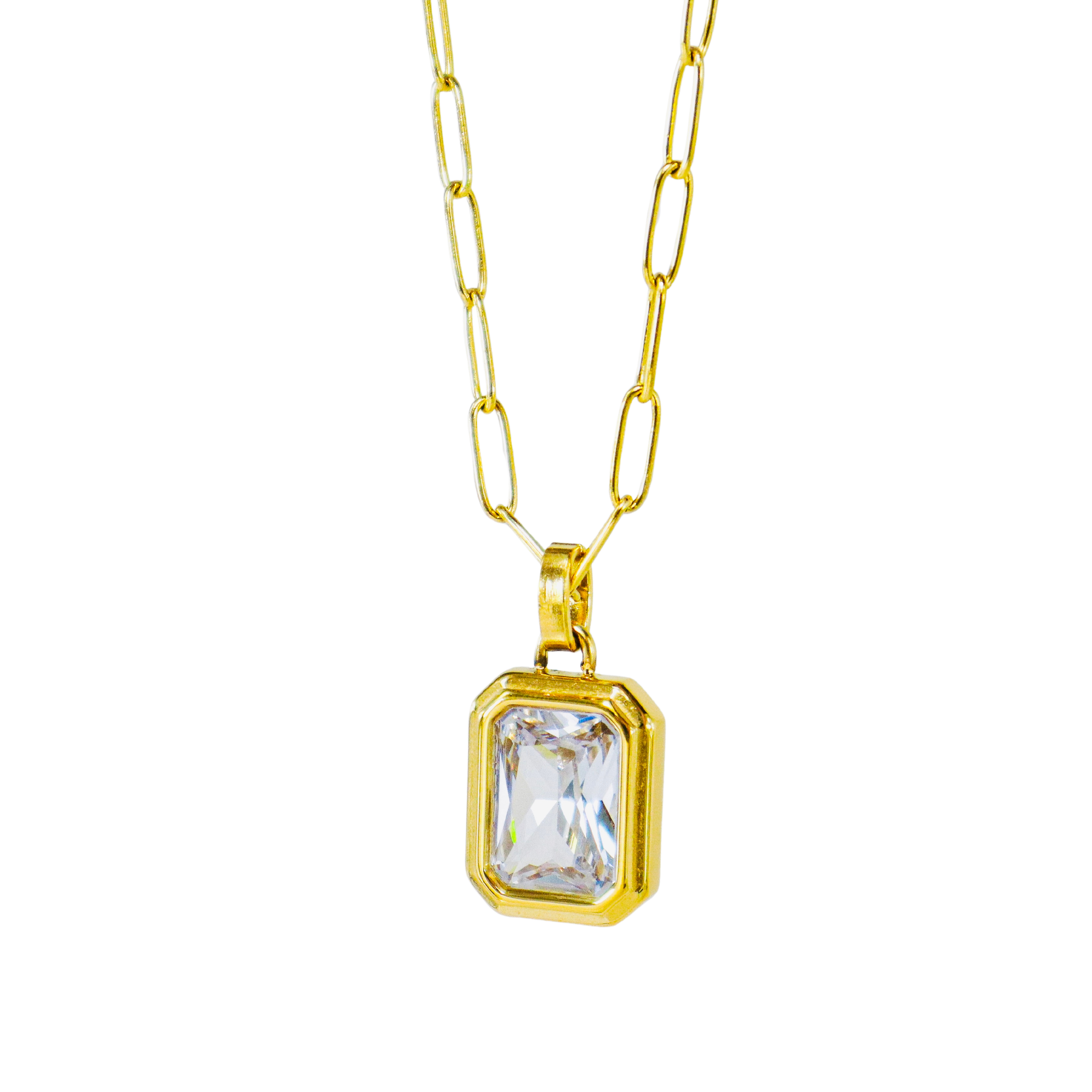 Emerald Cut Diamond Crystal & Gold Staple Chain Necklace
