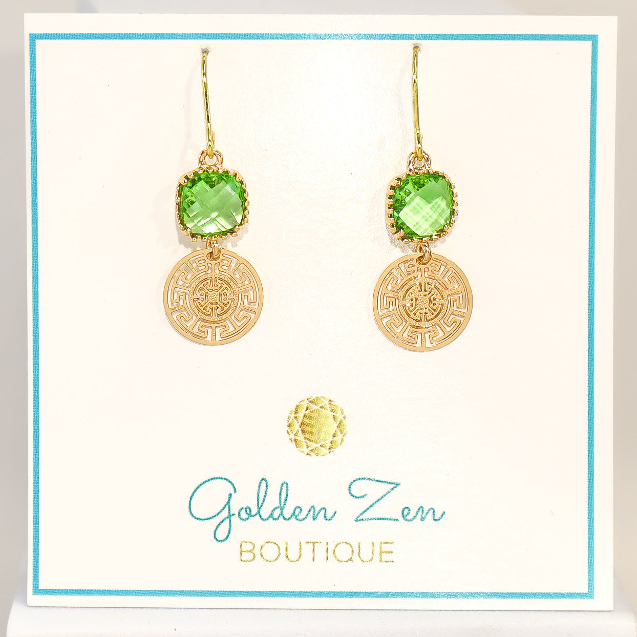 Gold & Green Crystal Greek Key Earrings