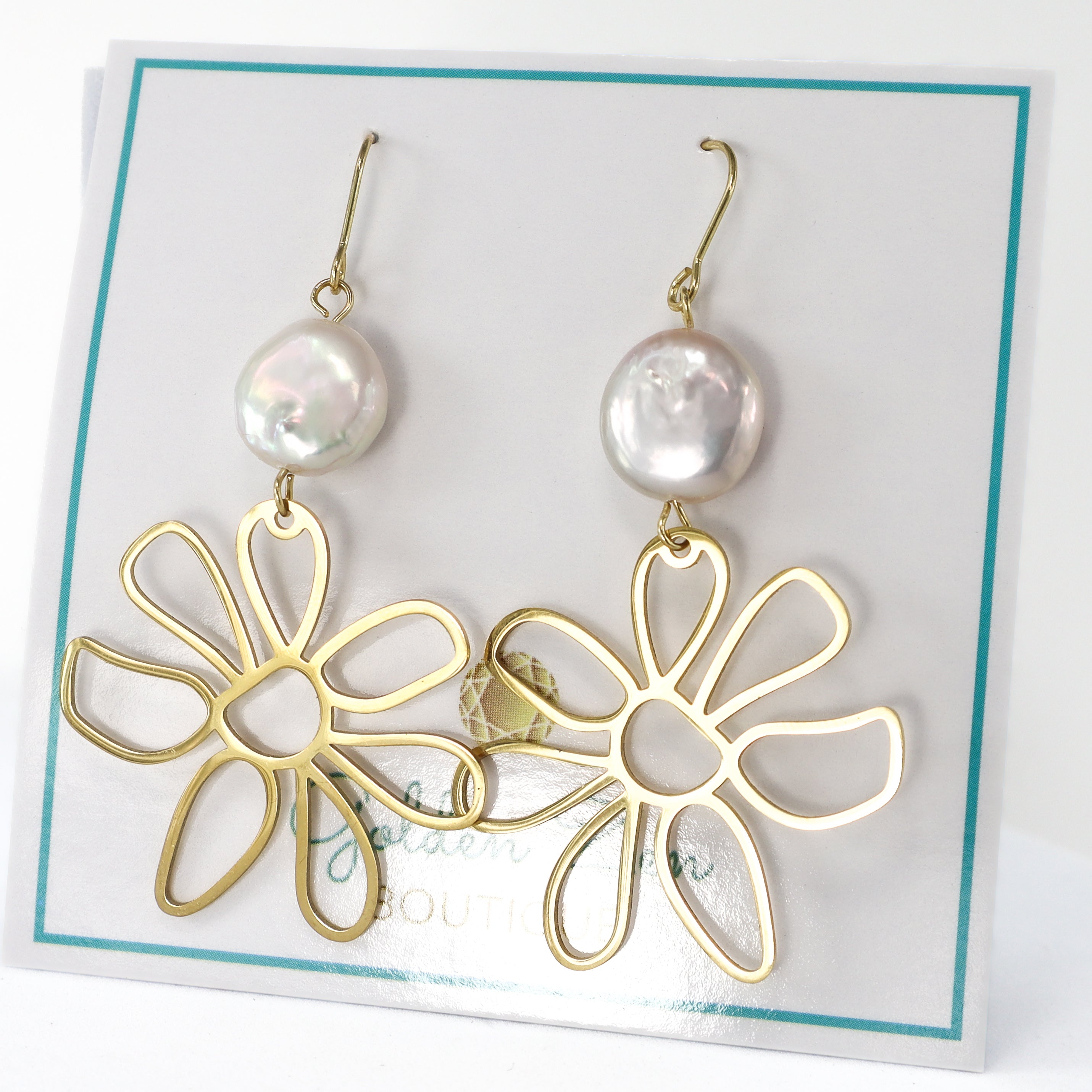 2” Stainless Steel Floral Drop Earrings with Genuine Coin Pearl