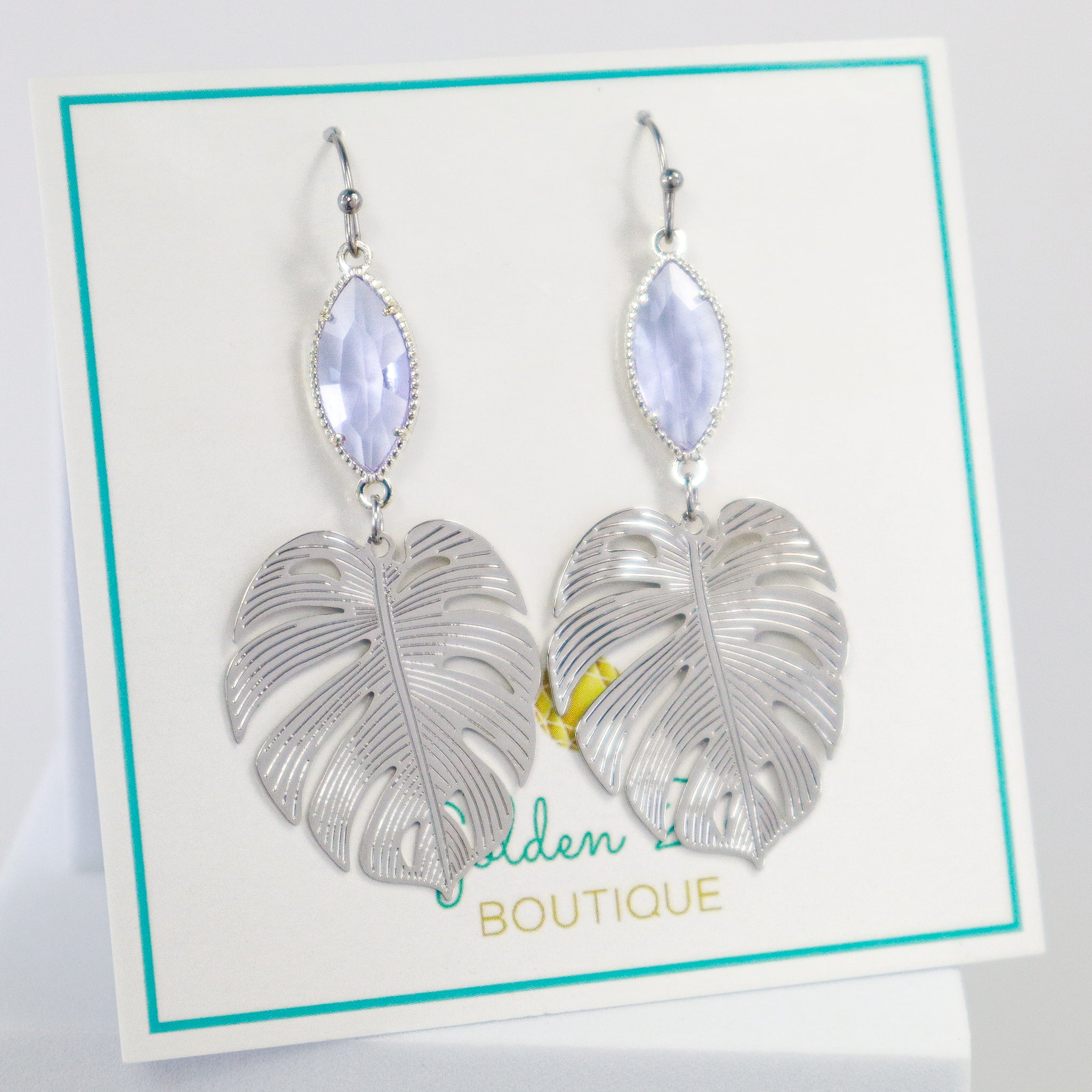 Silver & Lavender Crystal Monstera Leaf Earrings