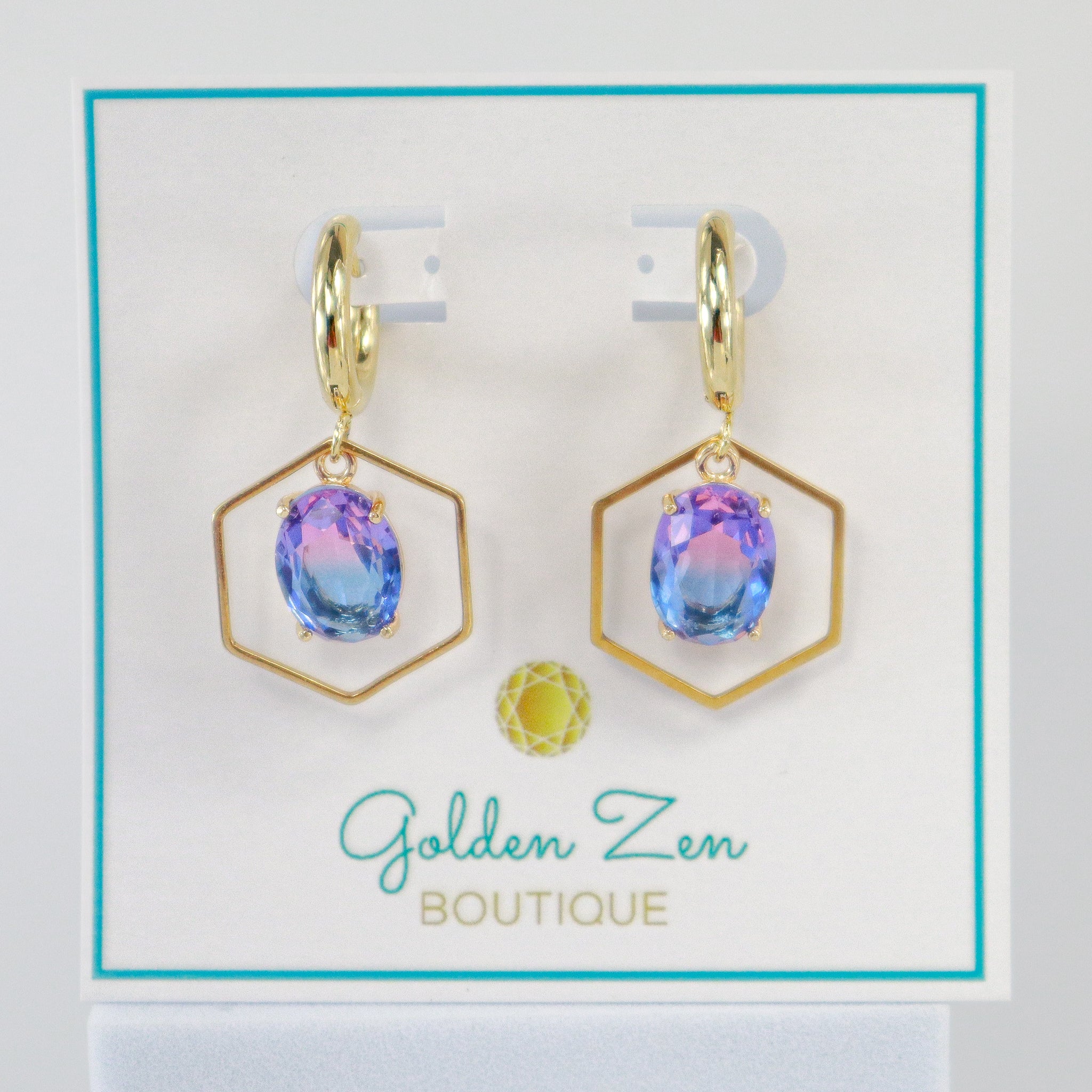 Gold & Ombre Purple Hexagon Hoop Earrings