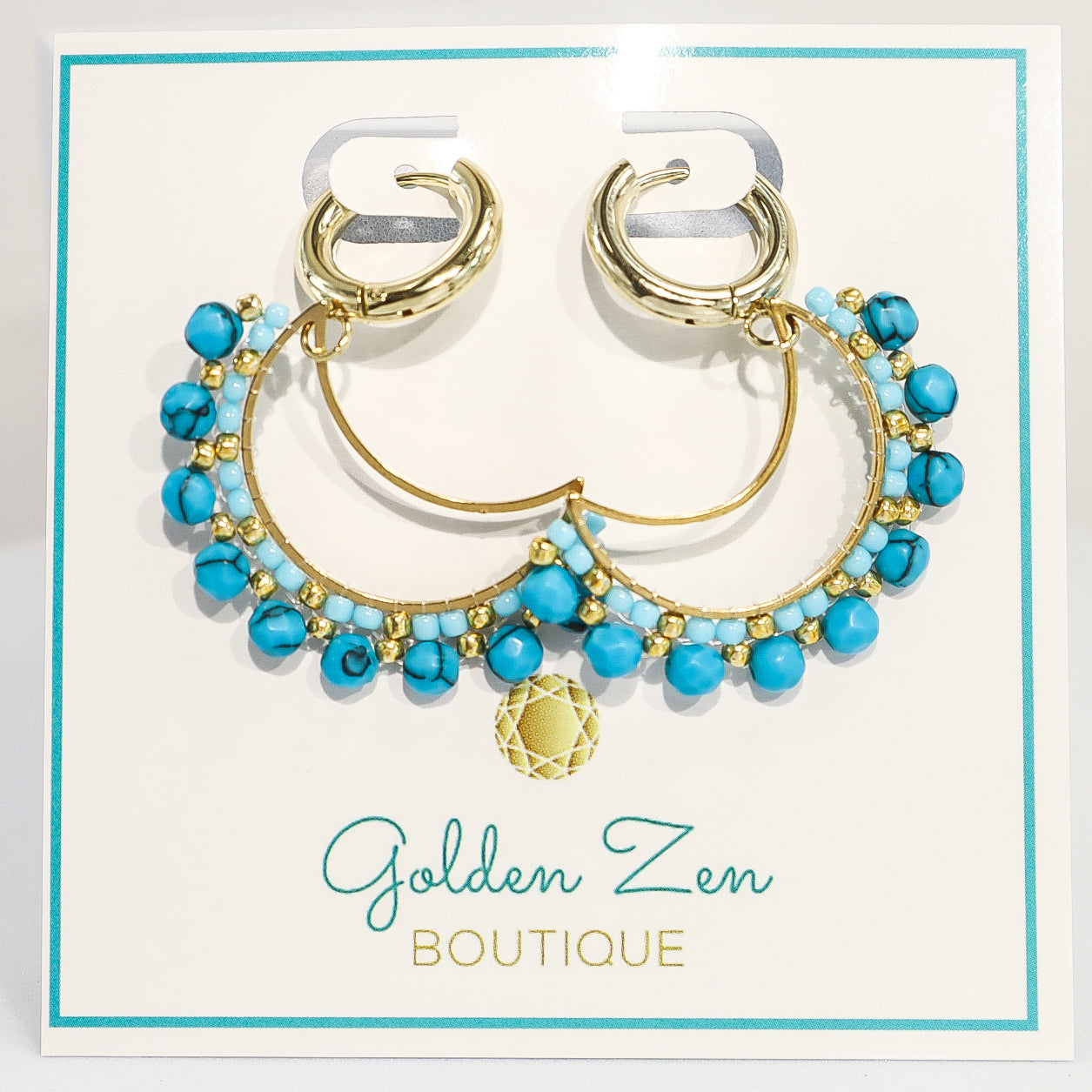 Gold & Blue Turquoise Wrapped Crescent Moon Hoop Earrings