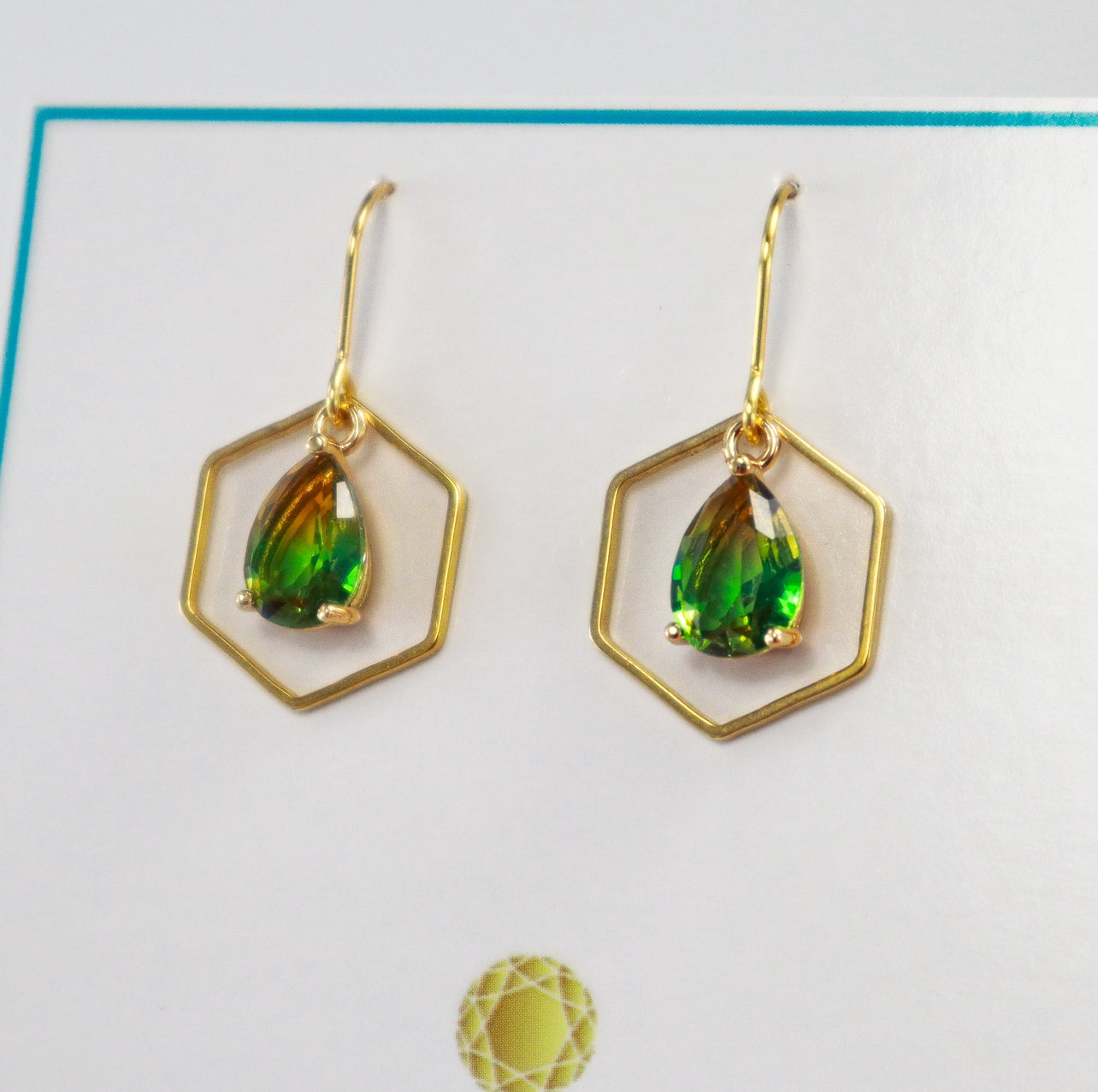 Gold Ombre Brown & Green Delicate Dangle Hexagon Earrings