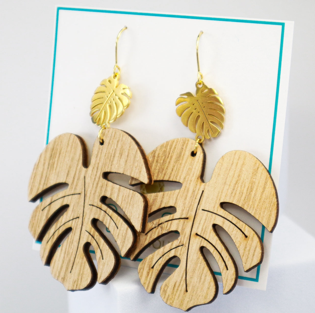 Tropical Monstera Leaf Wood & Gold Statement Earrings