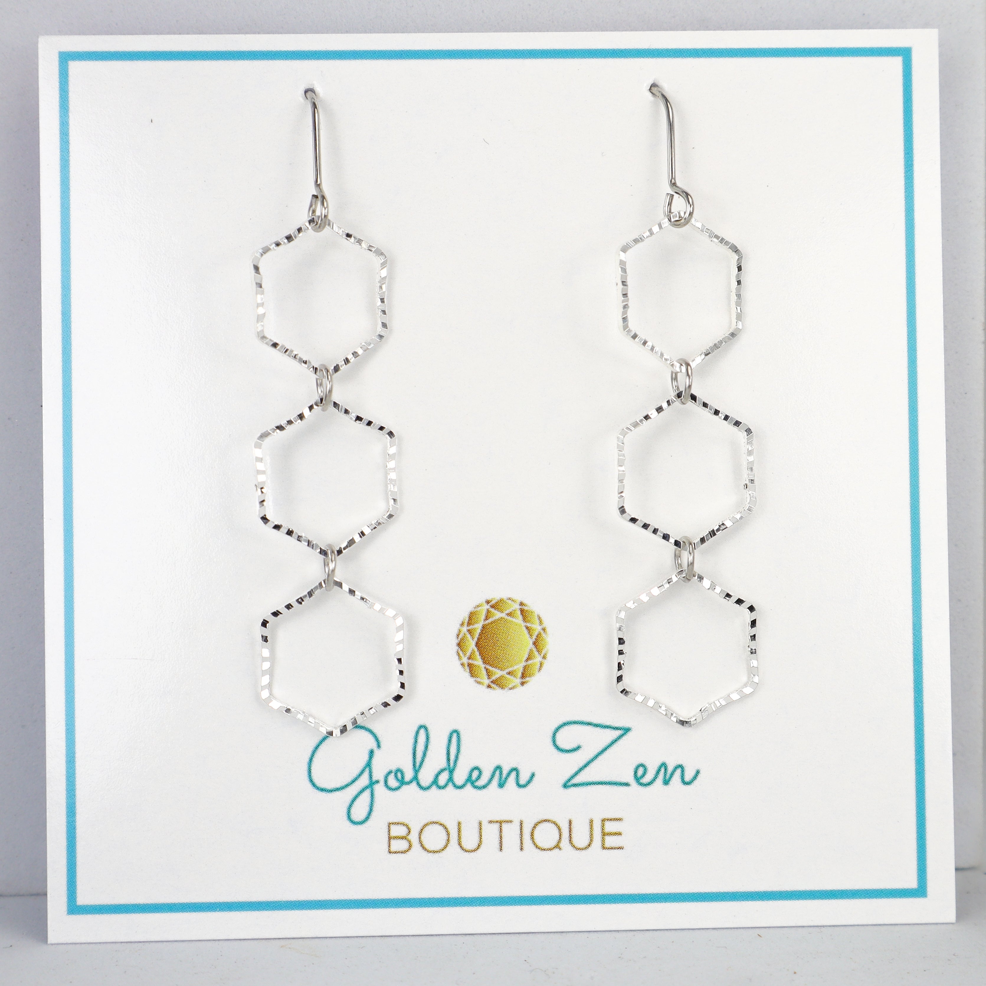 Silver Hexagon Dangle Earrings