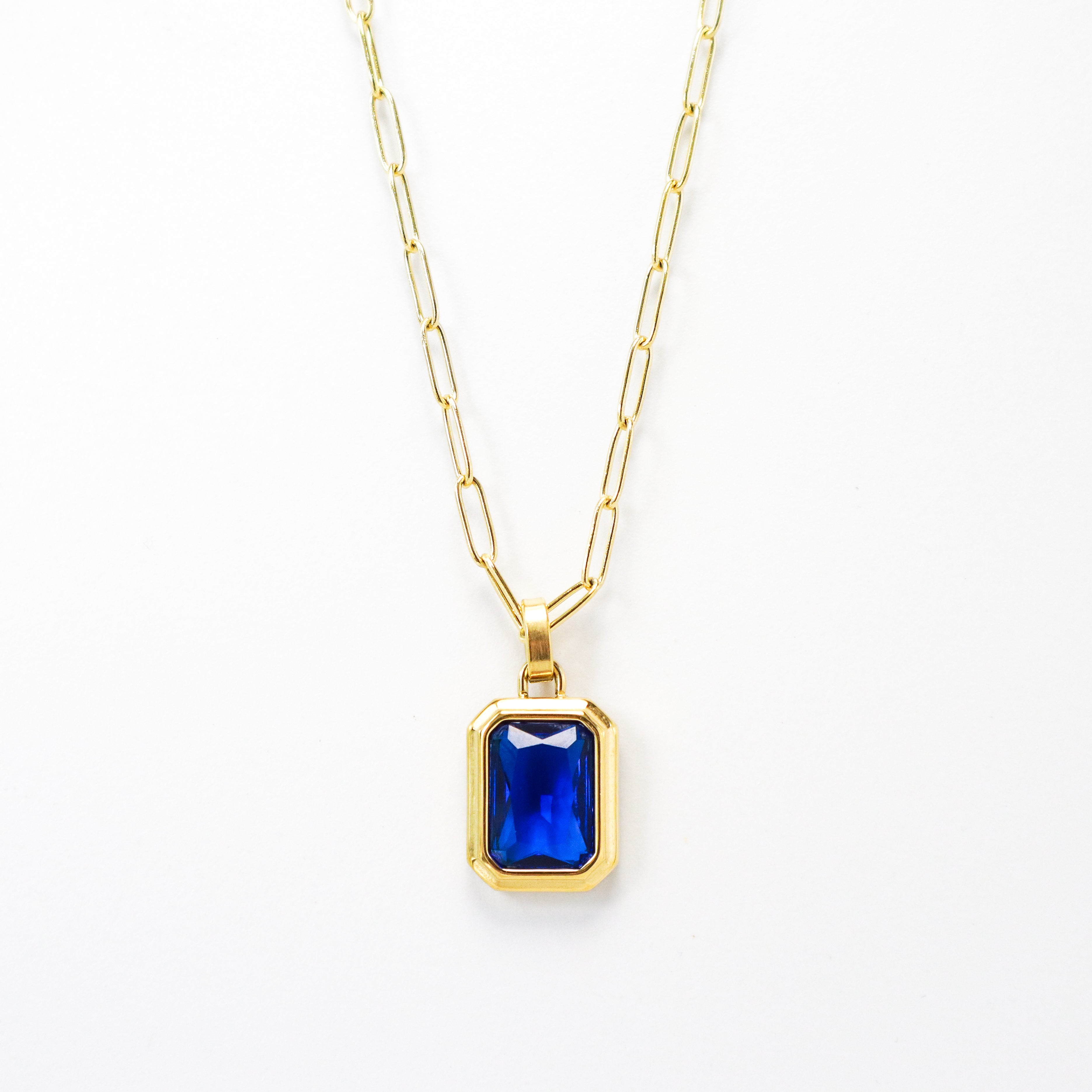 Emerald Cut Blue Sapphire & Gold Staple Chain Necklace