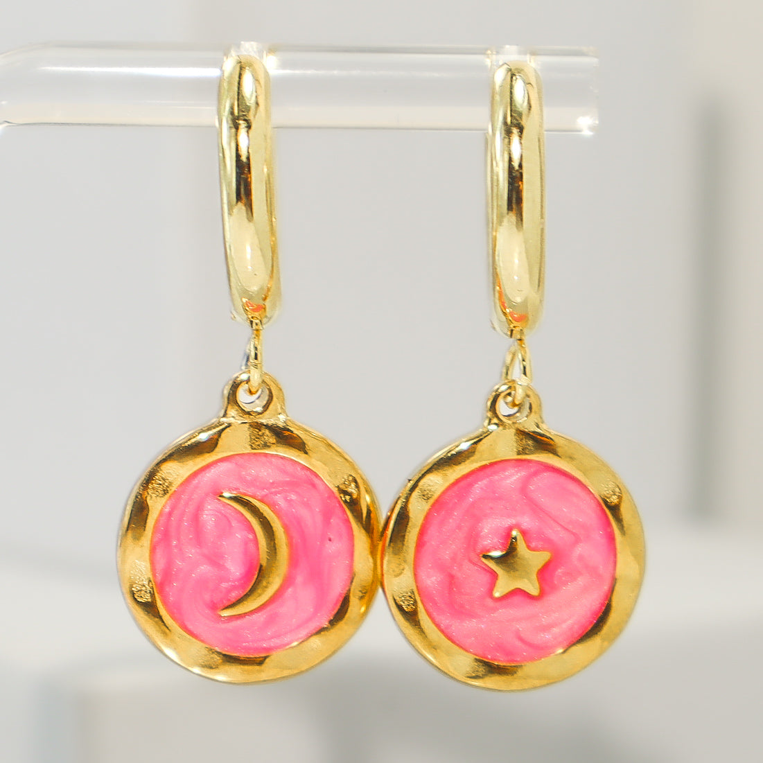 Pink & Gold Moon & Star Hoop Earrings