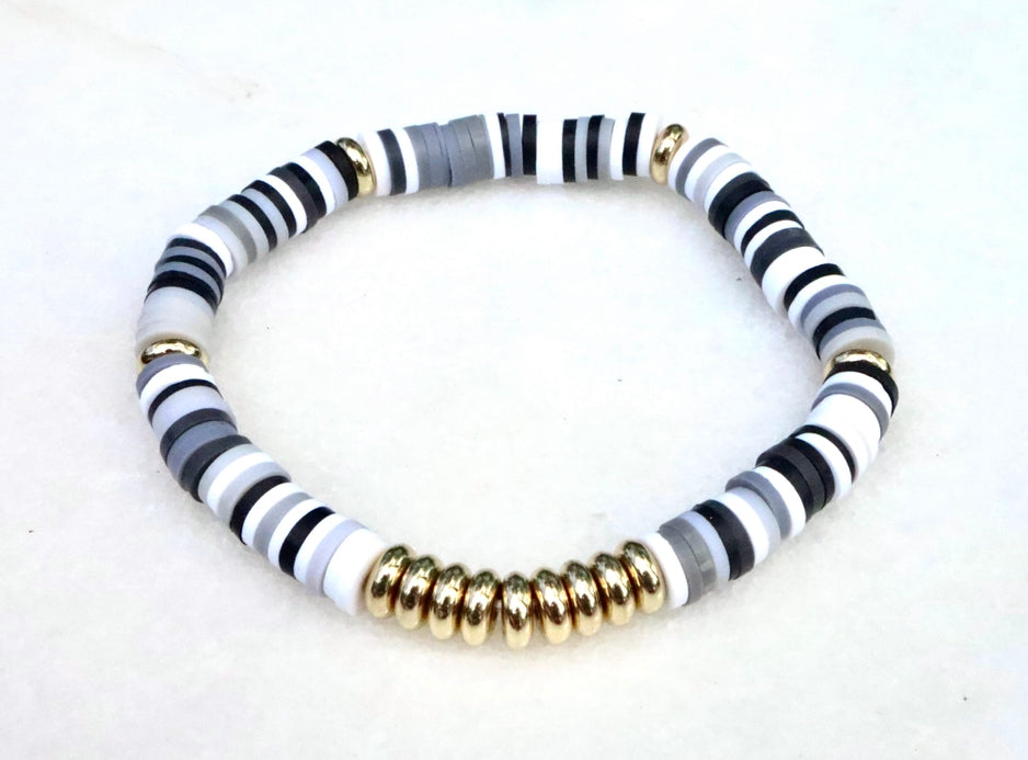 Black, White, Grey & Gold Clay Bracelet