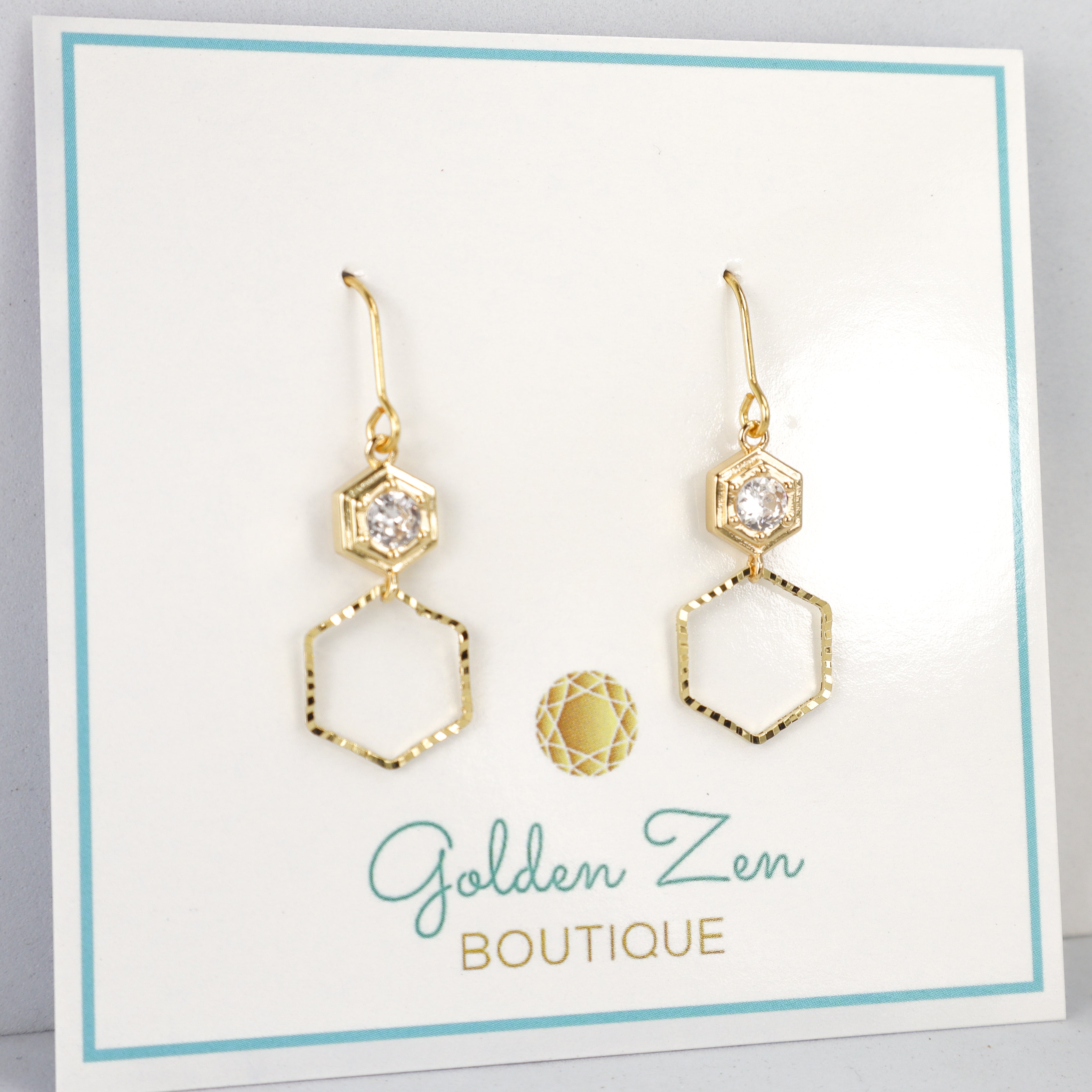 Golden CZ Hexagon Earrings