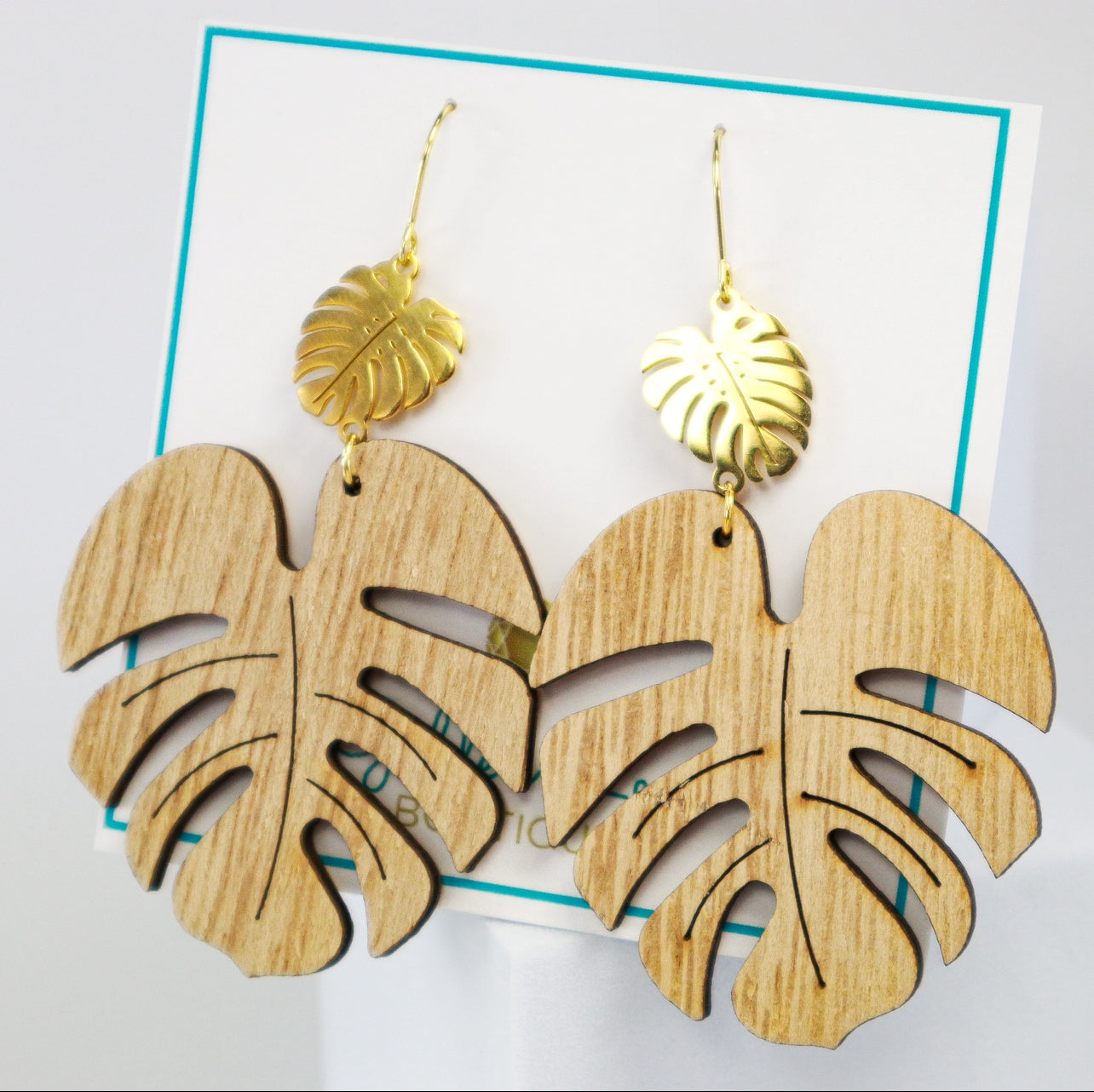Tropical Monstera Leaf Wood & Gold Statement Earrings