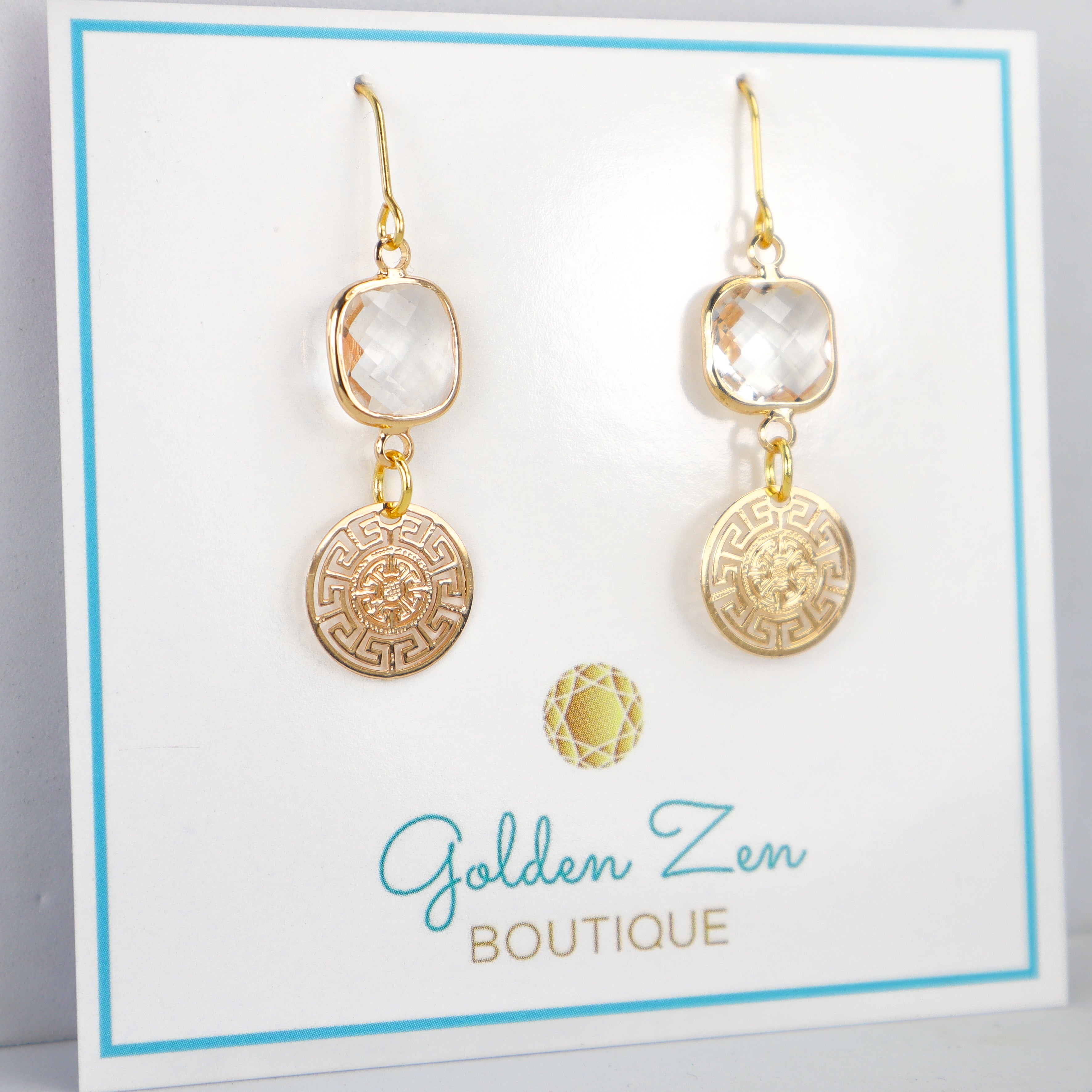 Greek Key Medallion Clear Crystal Earrings