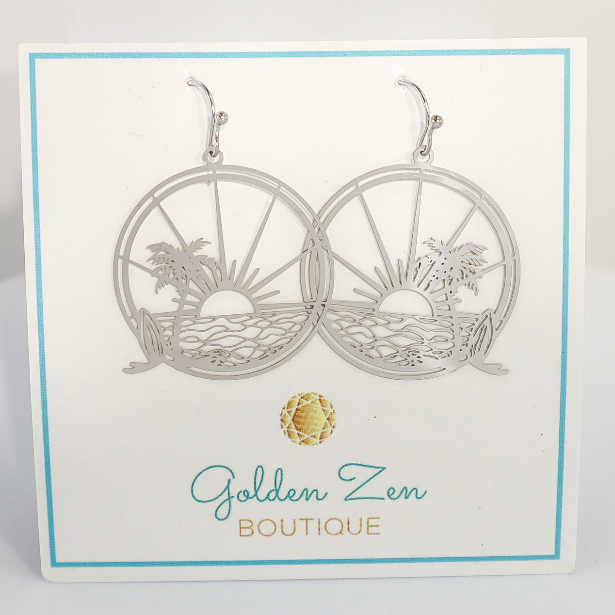 Silver Round Beach Scene Earrings