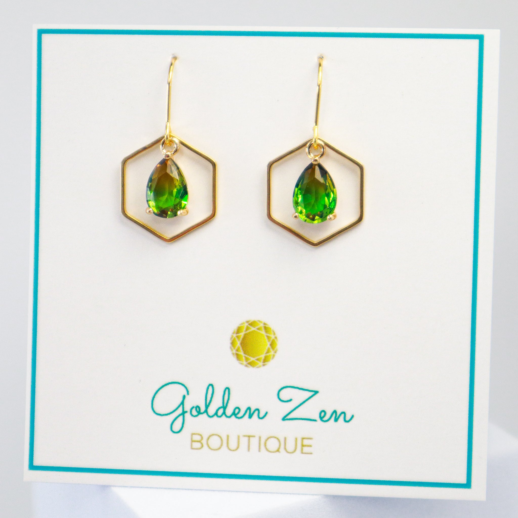 Gold Ombre Brown & Green Delicate Dangle Hexagon Earrings