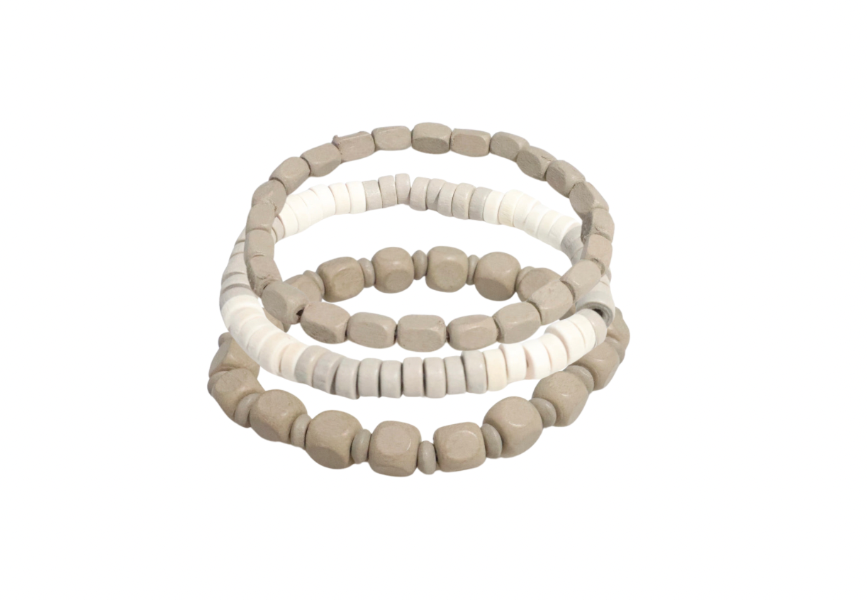 3pc Neutral Wood Bead Bracelet Stack