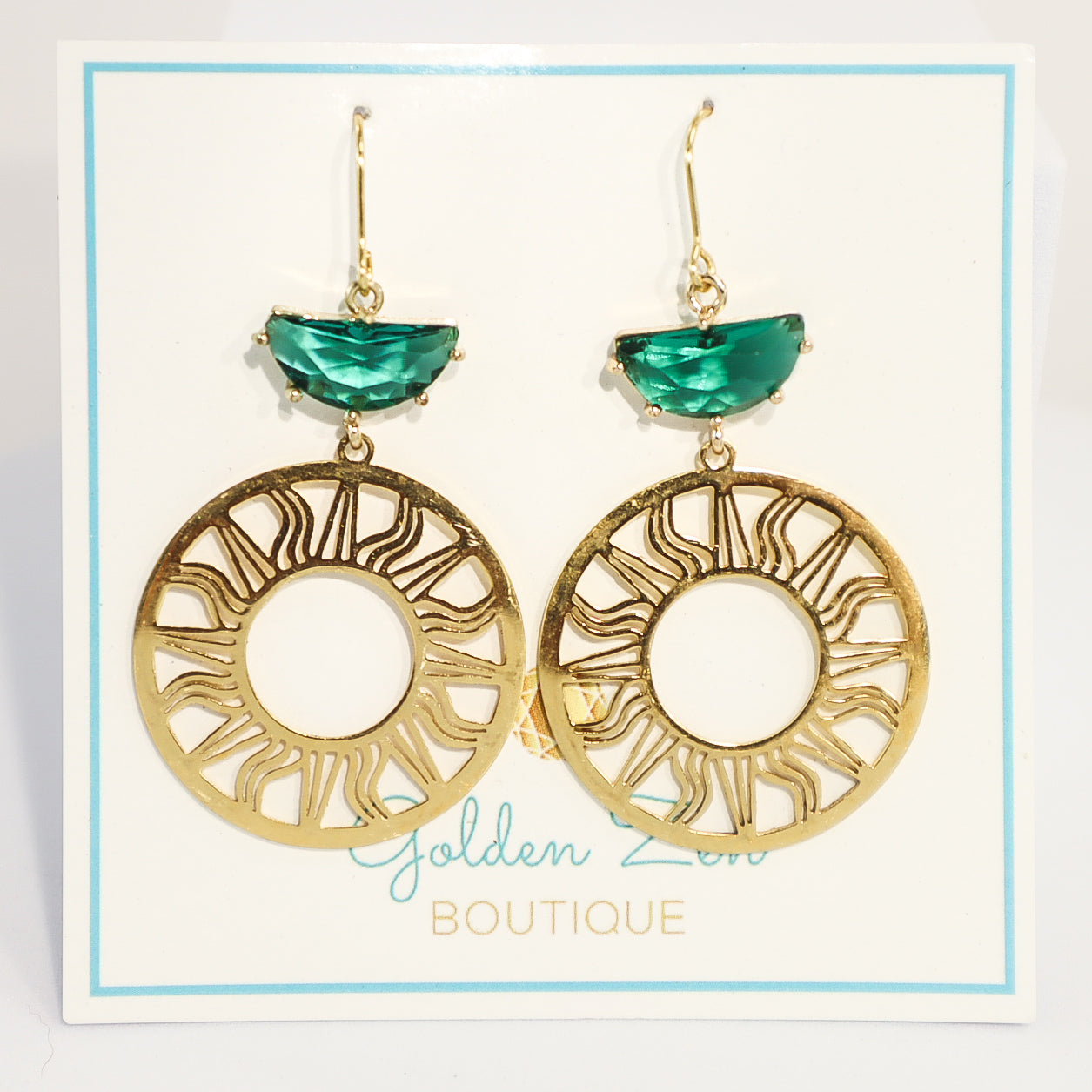 Gold Sun & Emerald Green Crystal Earrings