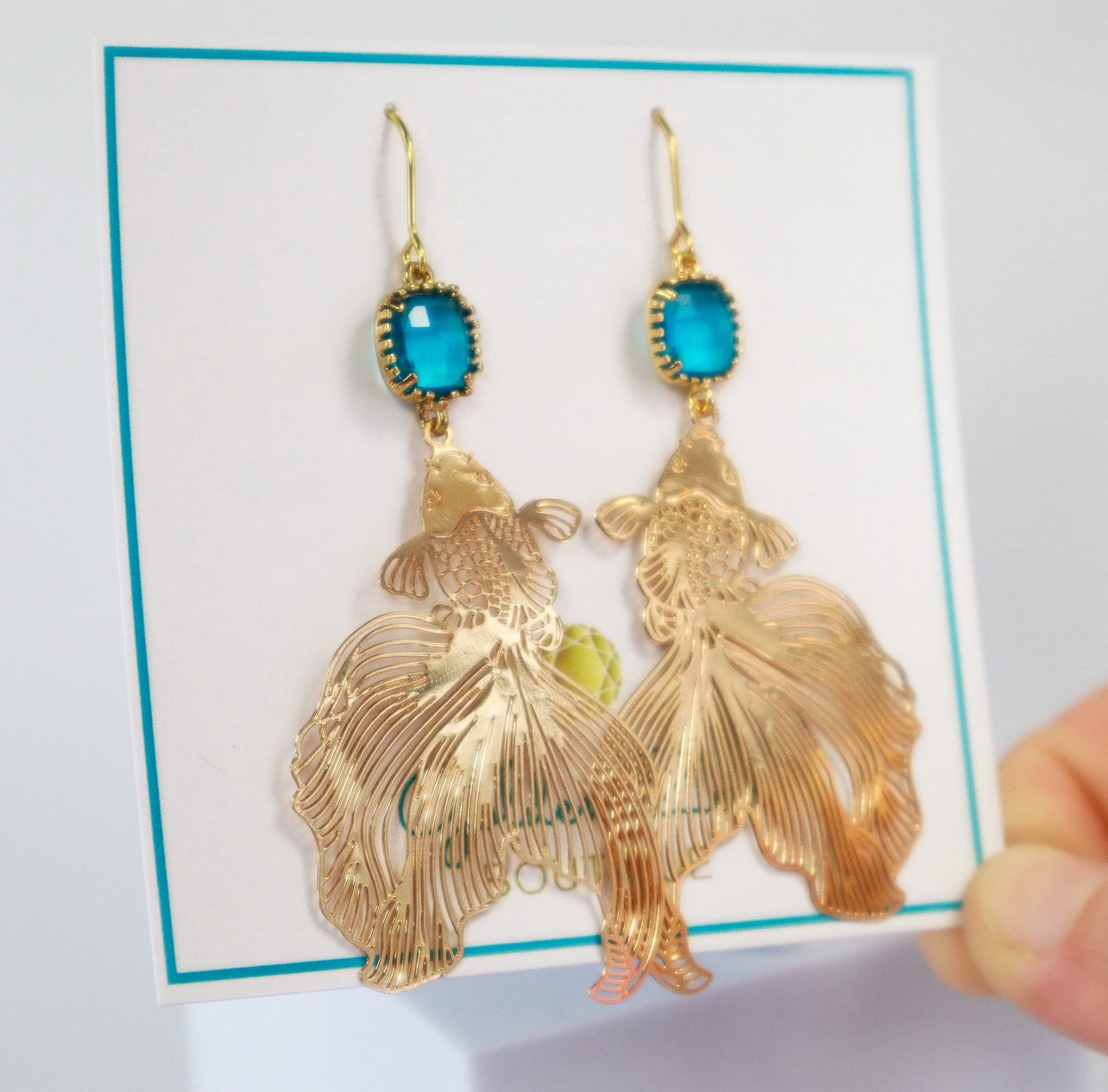 Blue Crystal & Gold Koi Fish Statement Earrings