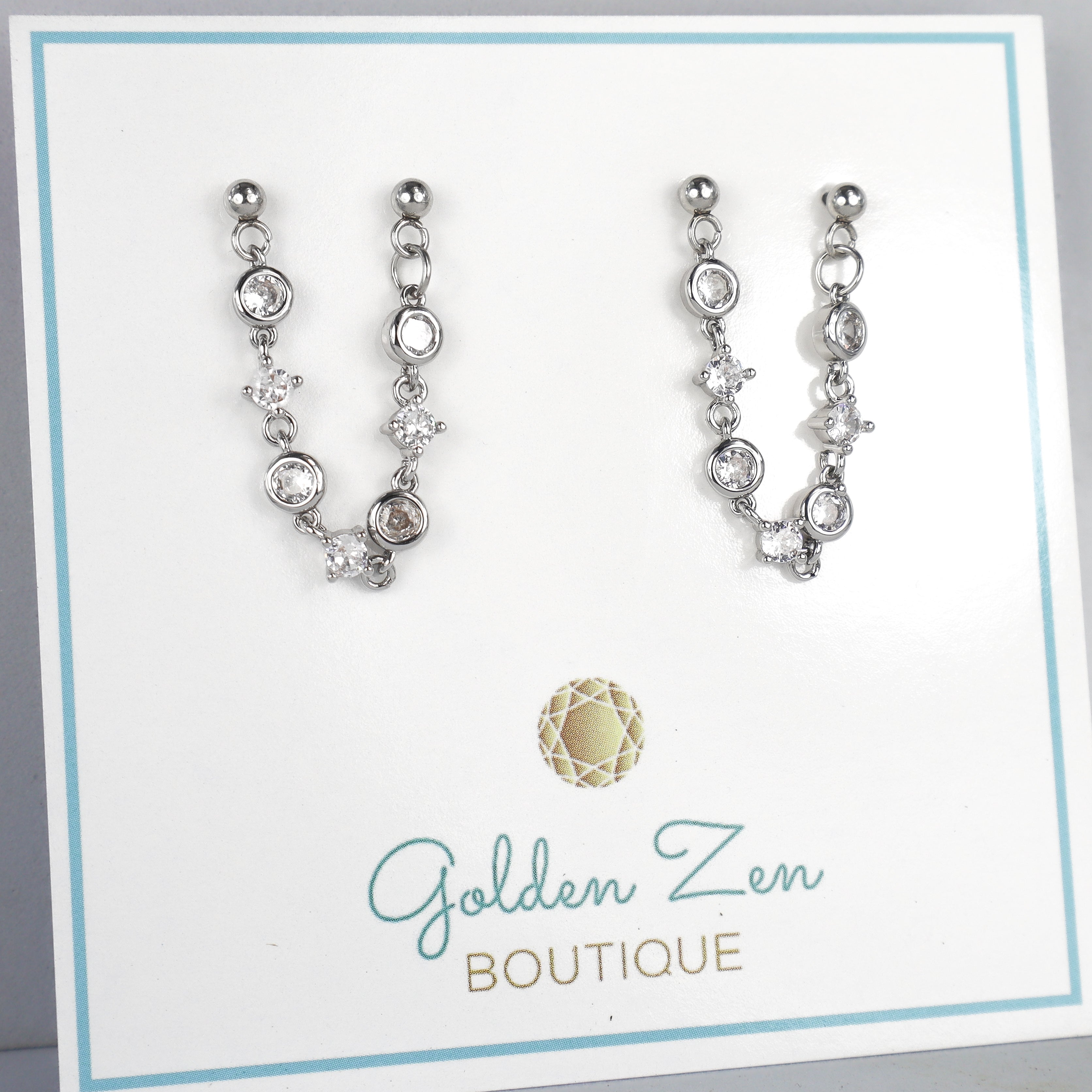 Double Pierced Silver Crystal Stud Earrings