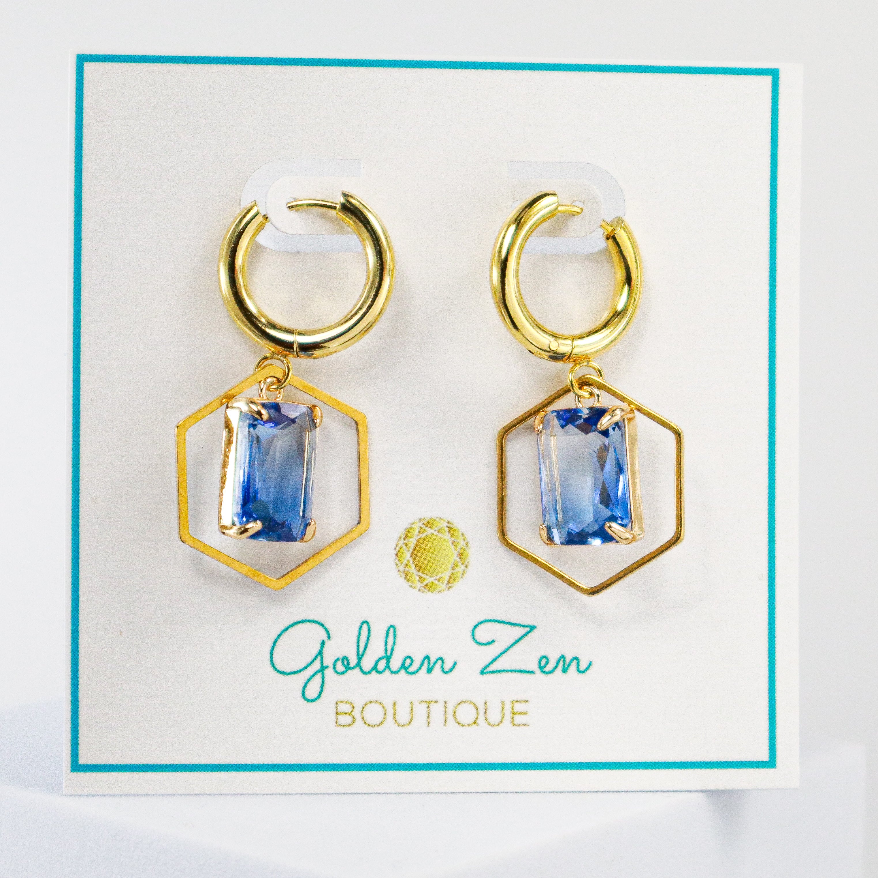 Geometric Gold Hexagon Blue Ombre Crystal Hoop Earrings