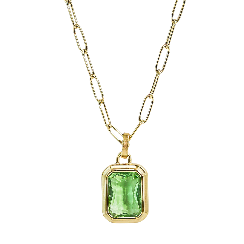 Emerald Cut Green Peridot & Gold Staple Chain Necklace