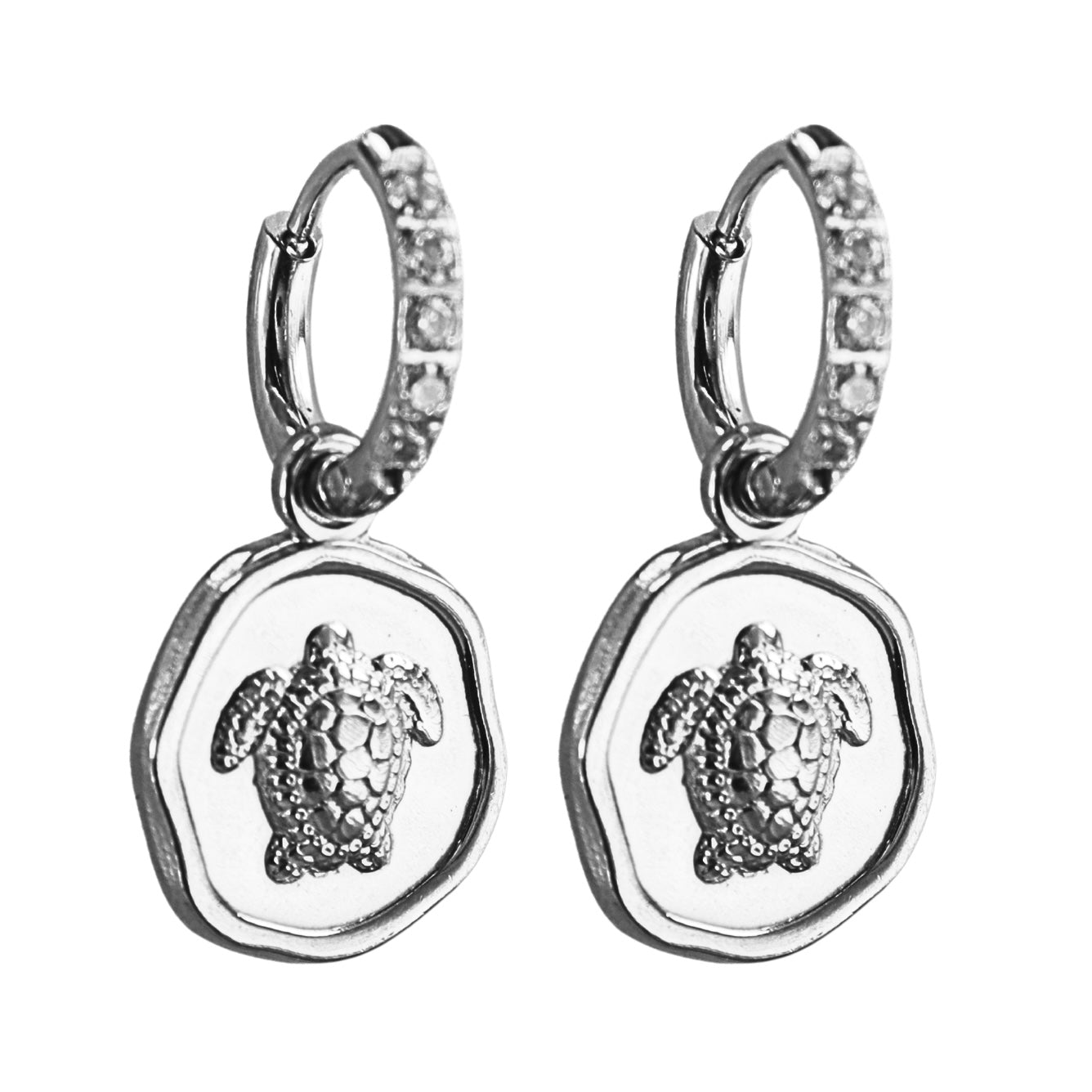 Coastal Silver Turtle Charm Hoops