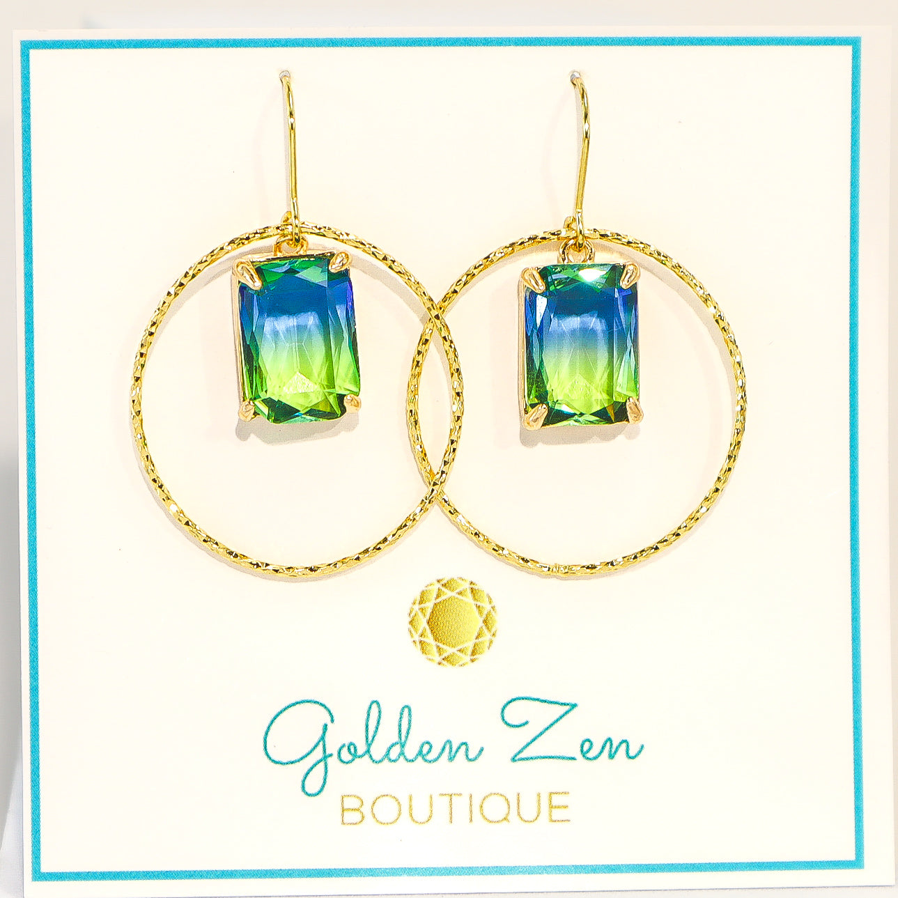 Blue & Green Crystal Gold Dangle Earrings