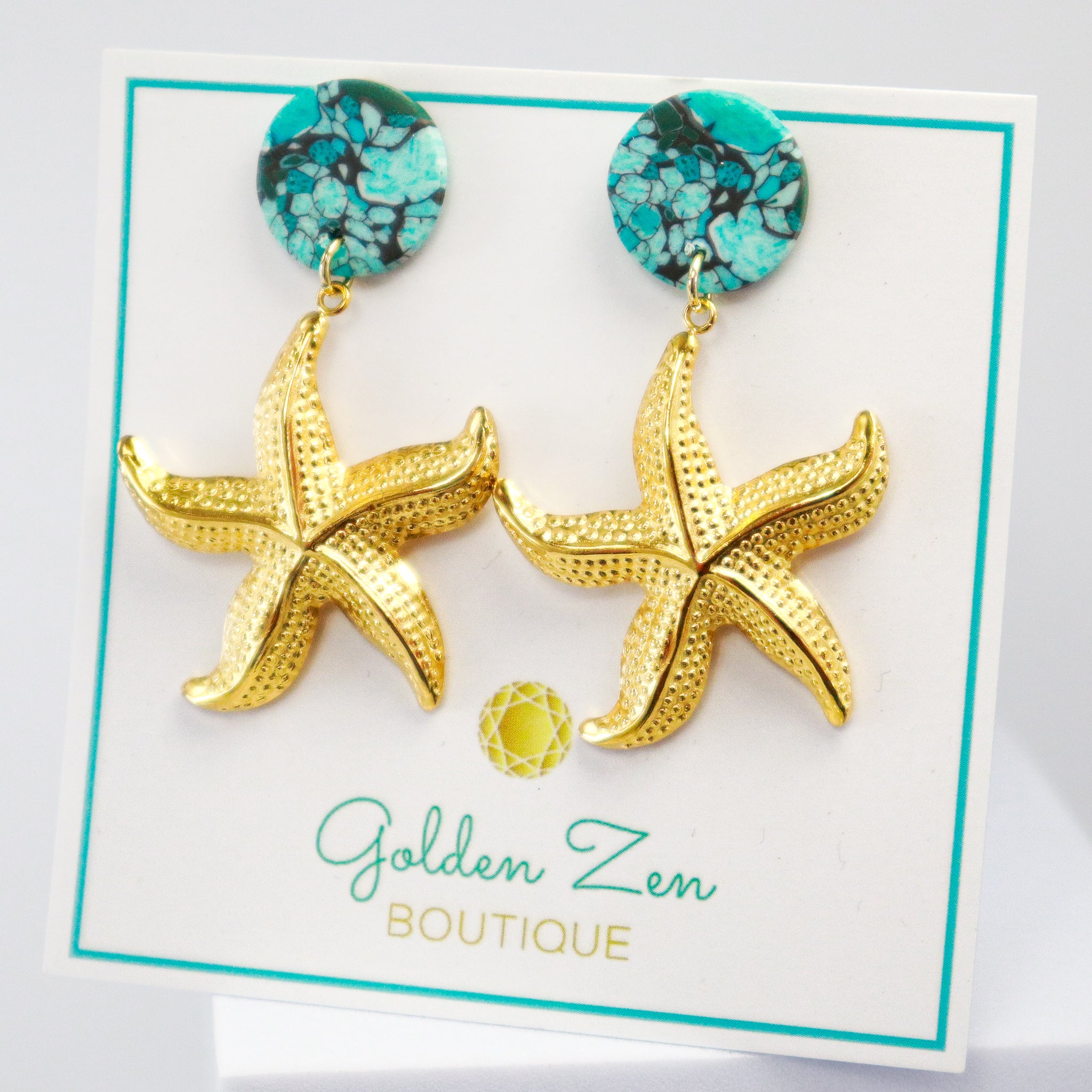 Turquoise Clay & Gold Starfish Earrings