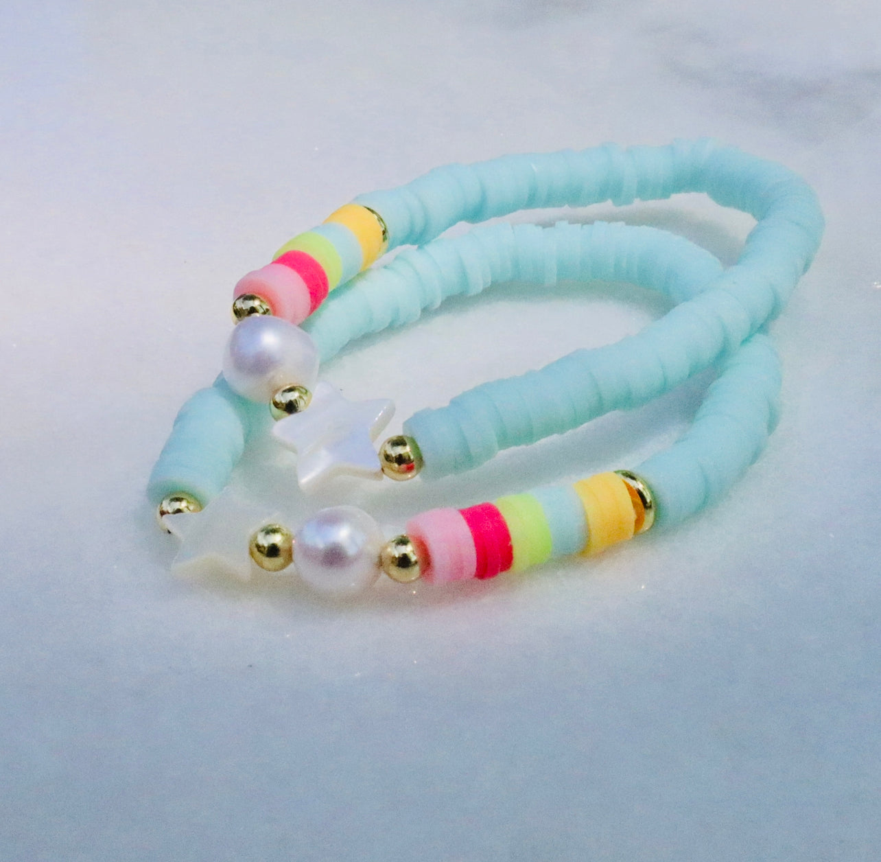 Mother of Pearl Star & Rainbow Colorblock Blue Bracelet