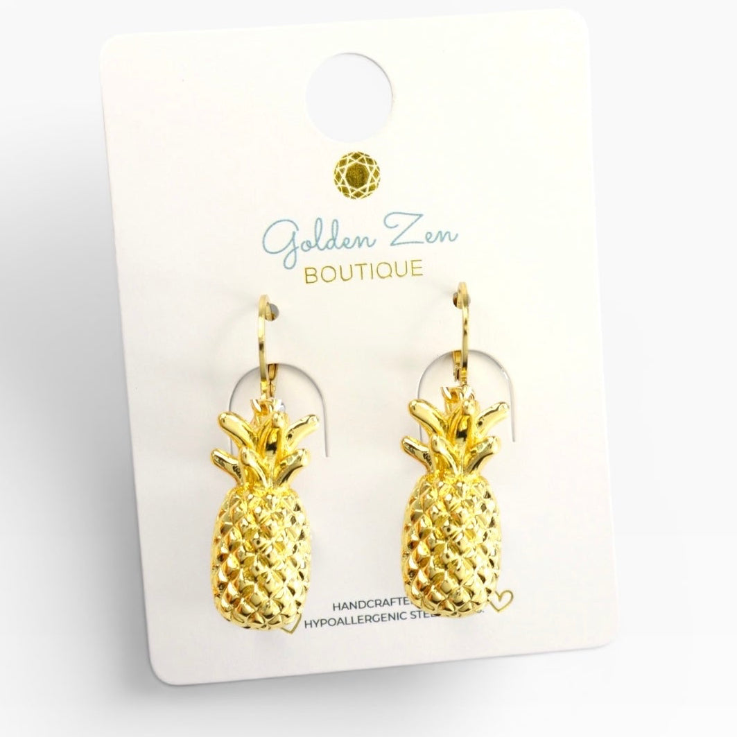 Low Country Golden Pineapple Leverback Hoop Earrings