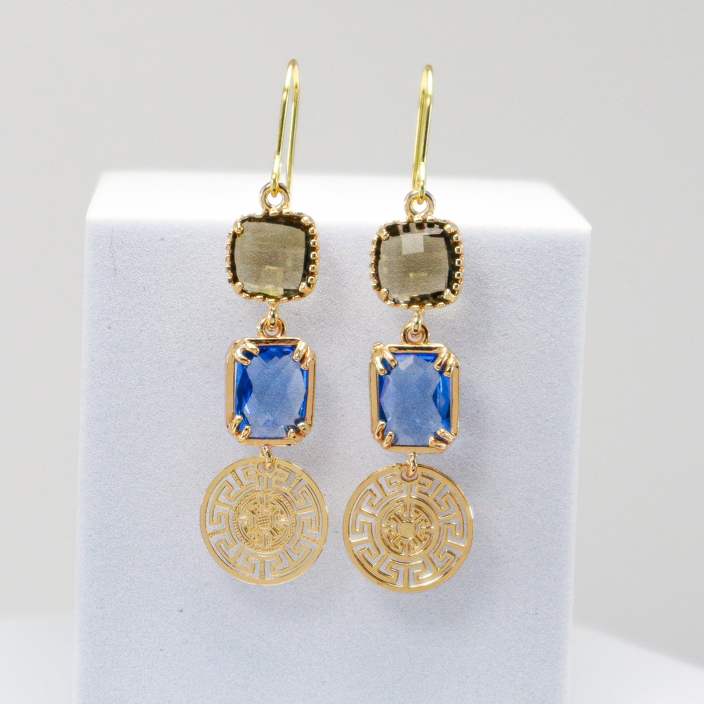 Golden Zen Exclusive Greek Key Brown Topaz and Sapphire Blue Crystal Earrings