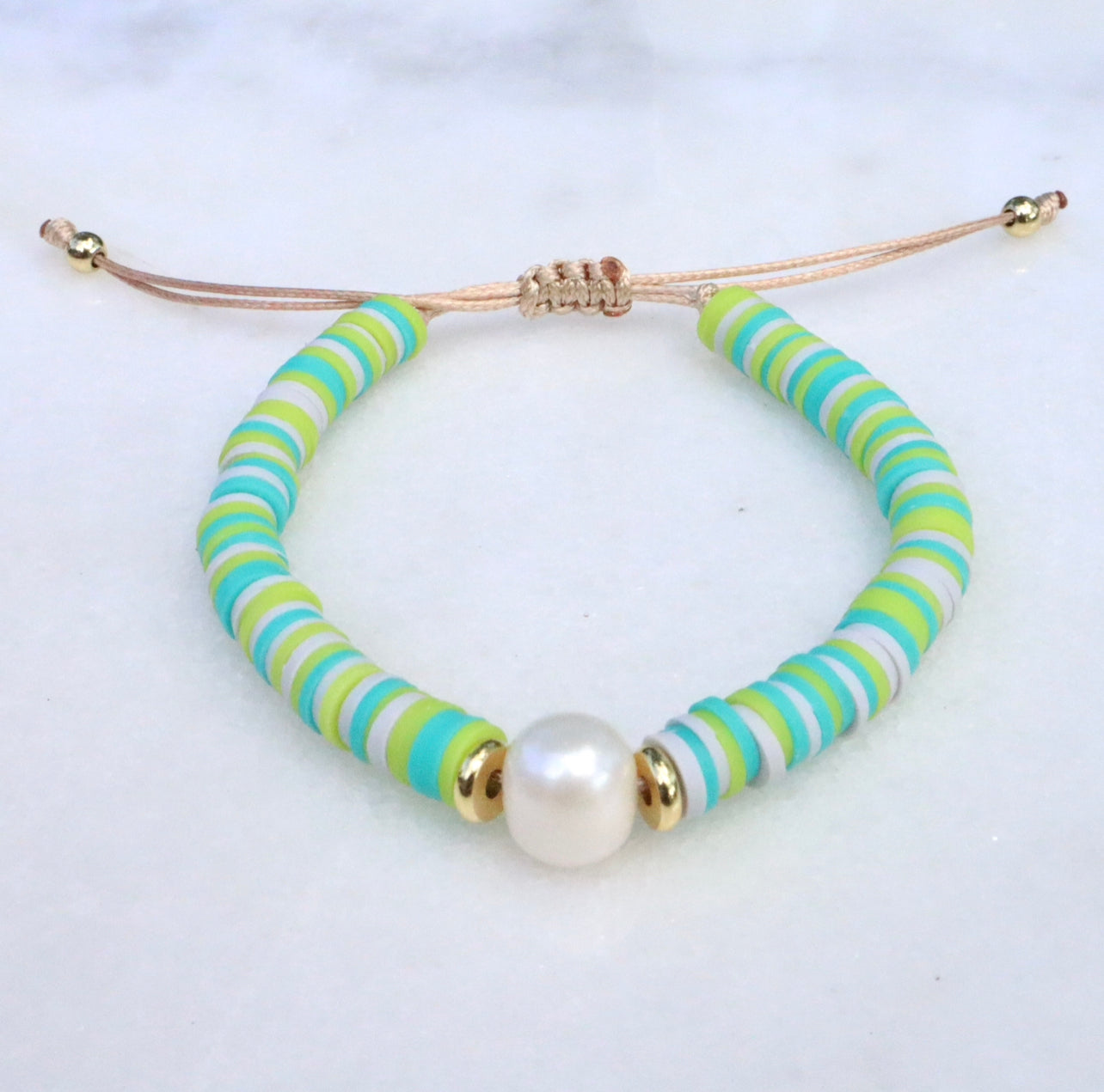 Green Clay & Pearl Adjustable Bracelet