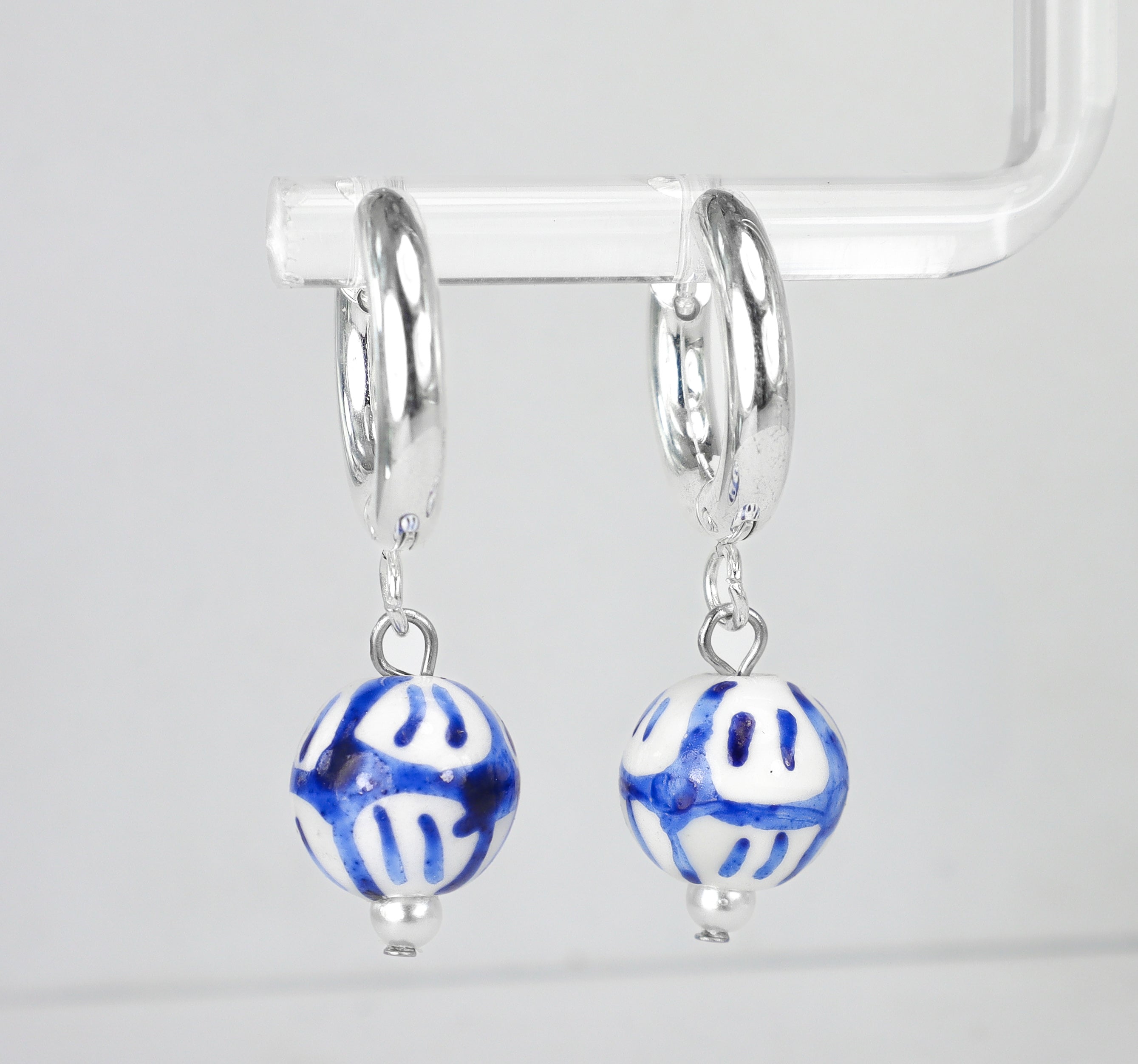 Porcelain Beaded Silver Hoop Earrings