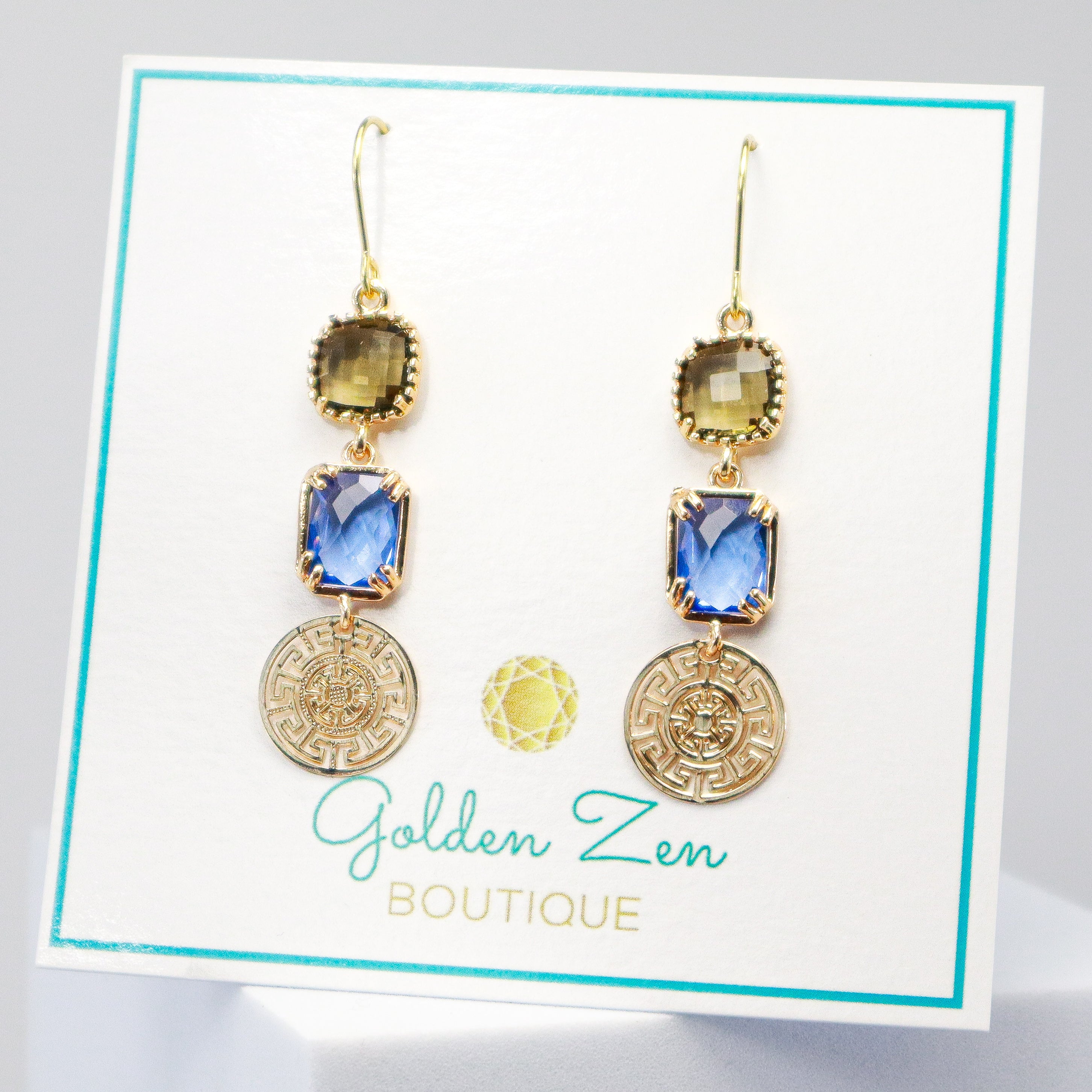Golden Zen Exclusive Greek Key Brown Topaz and Sapphire Blue Crystal Earrings