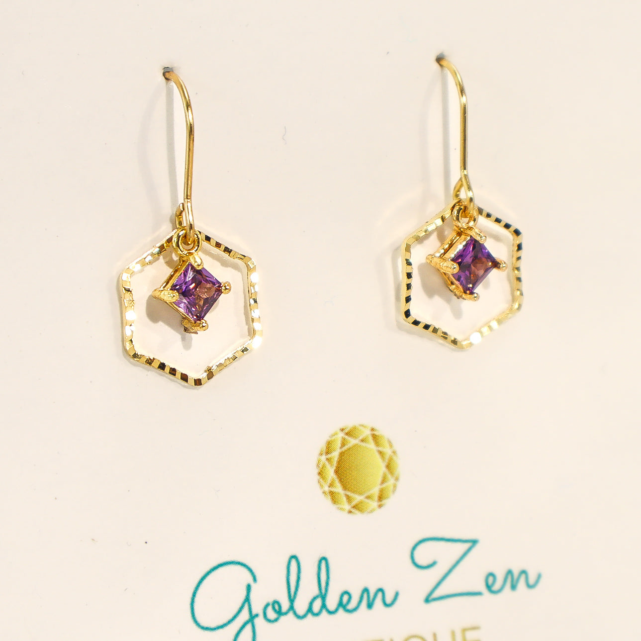 Amethyst & Gold Dainty Geometric Earrings