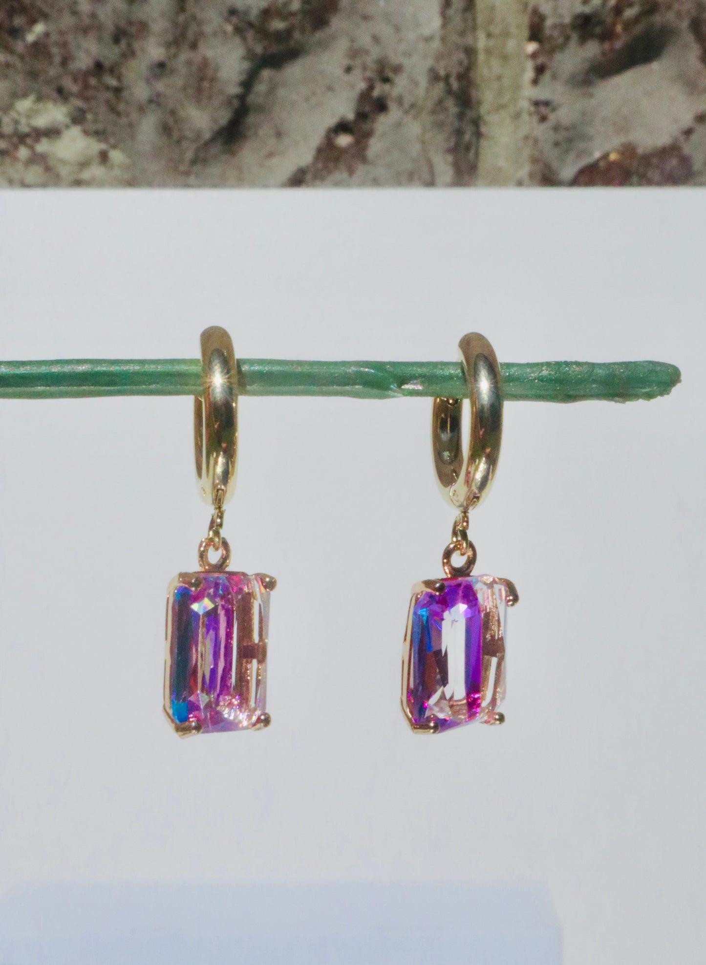 Fluorescent Purple Emerald Cut Gem Hoop Earrings