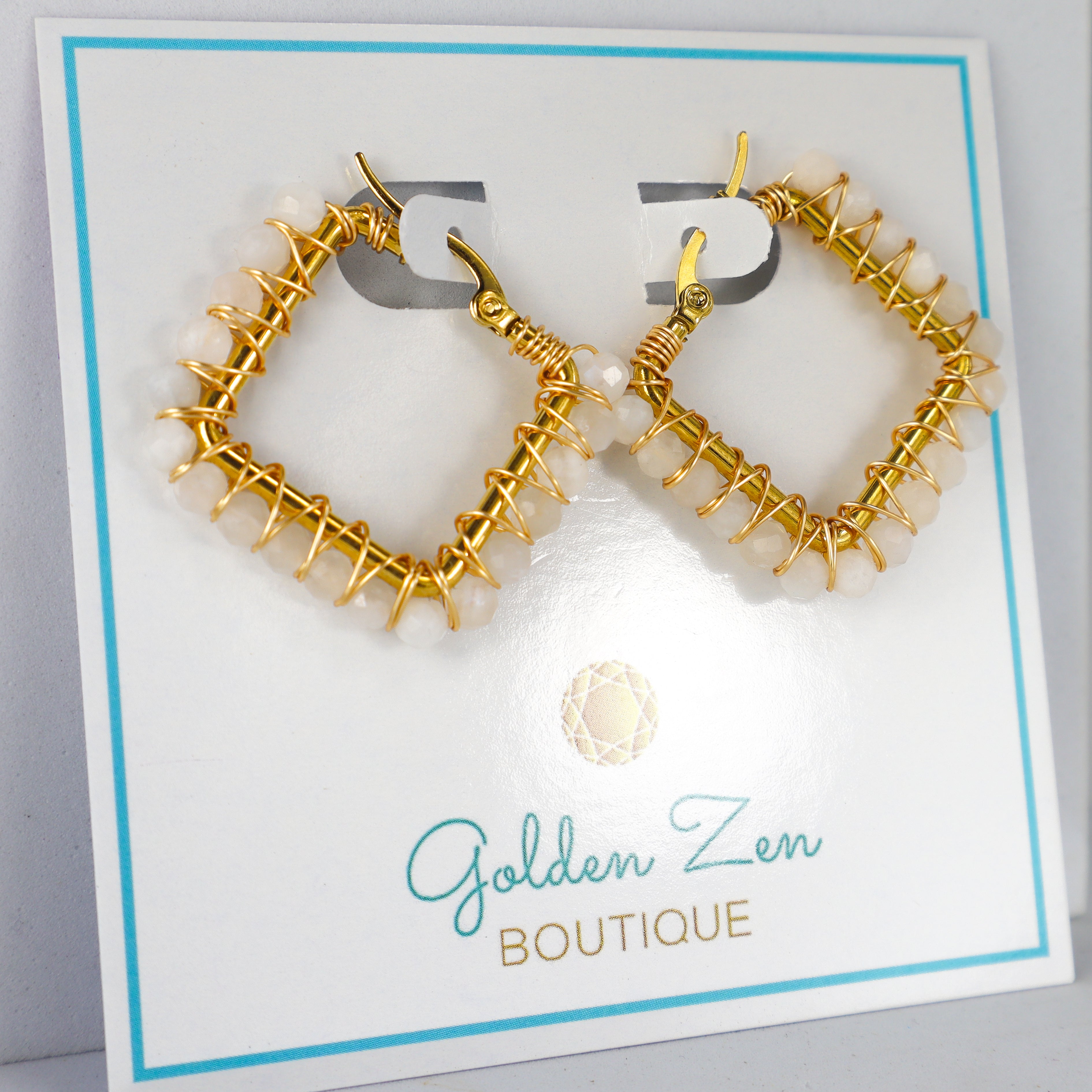 White Quartz Wrapped Geometric Hoop Earrings