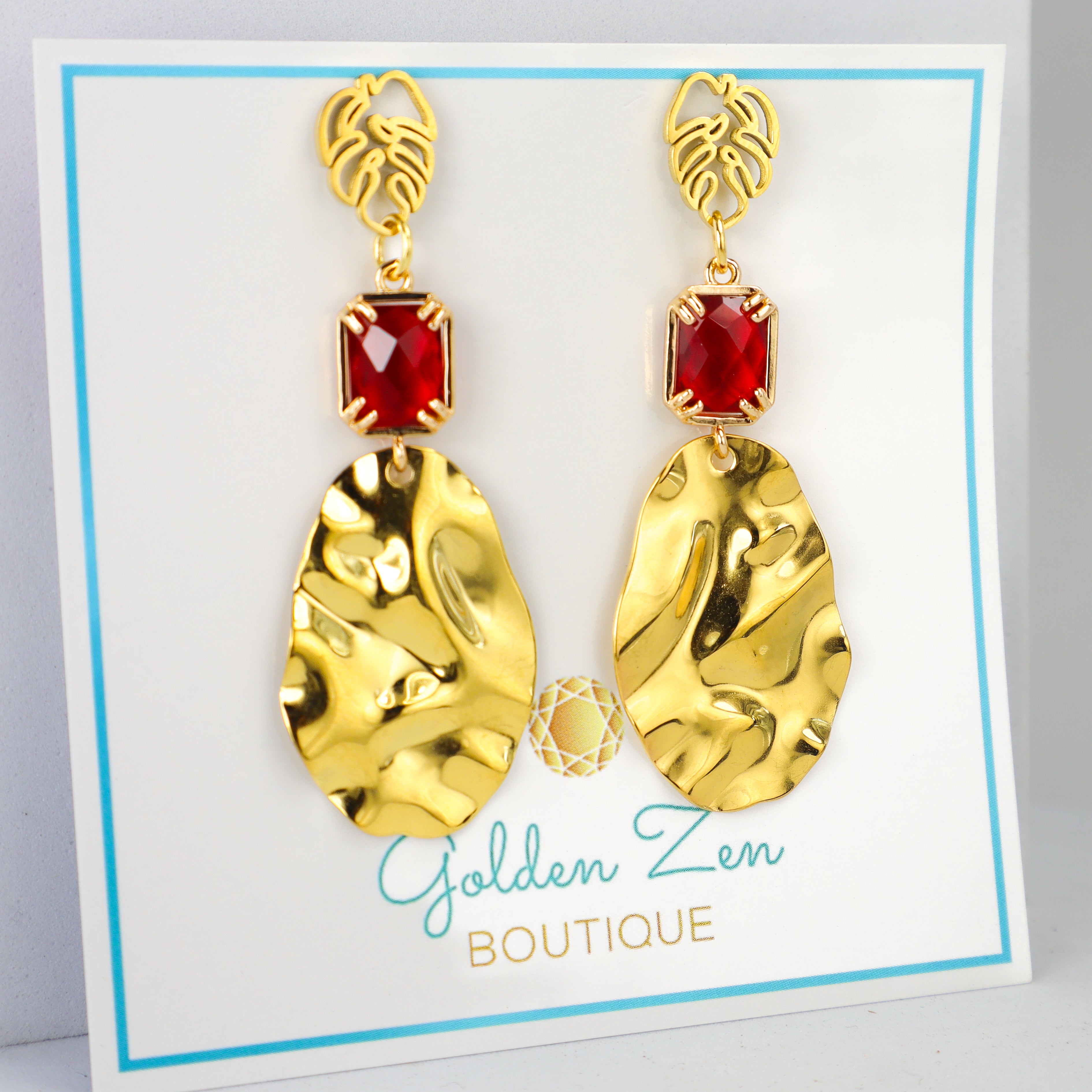 Gold & Red Crystal Palm Leaf Statement Earrings