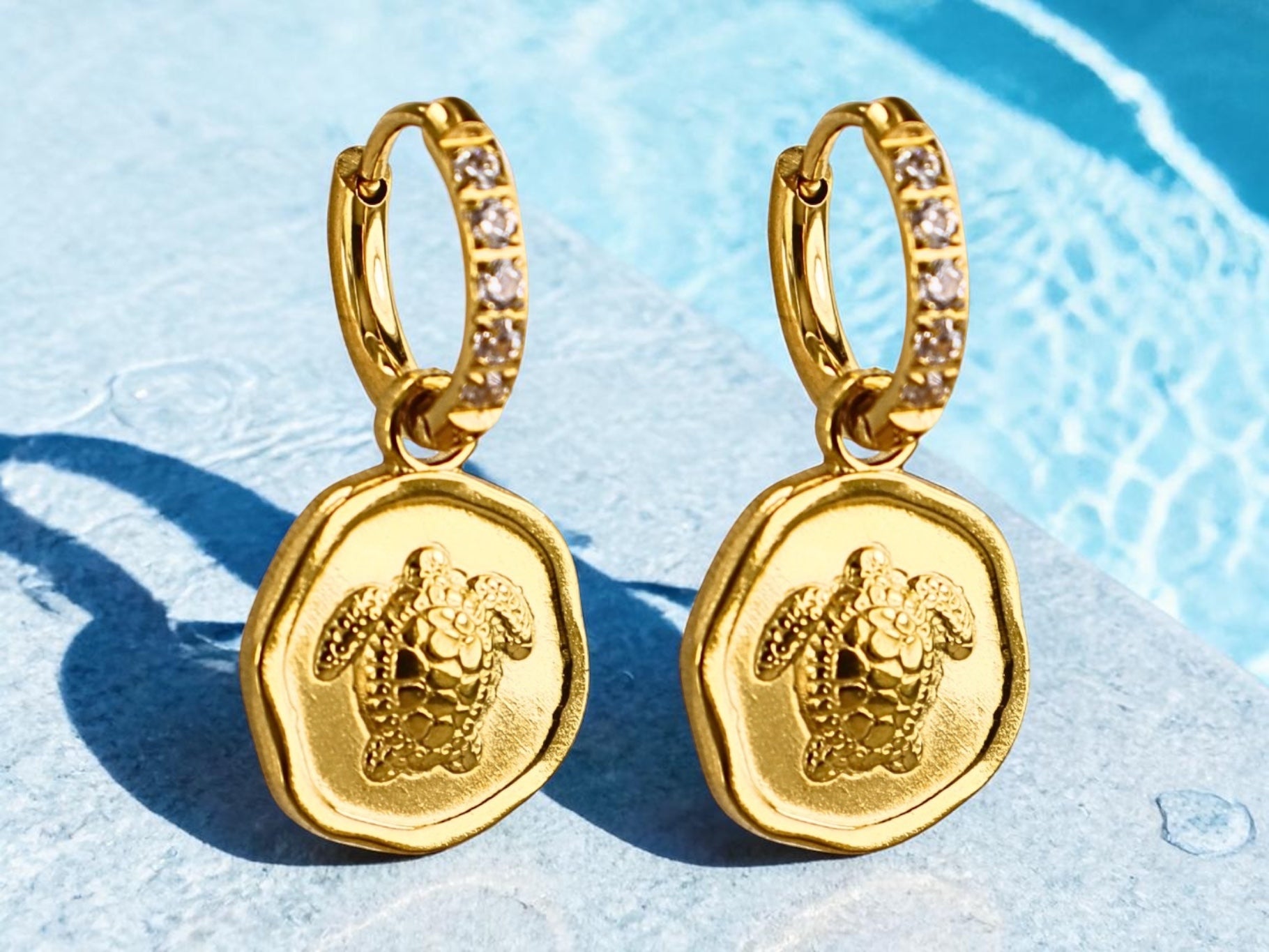 Coastal Gold Turtle Charm Hoops