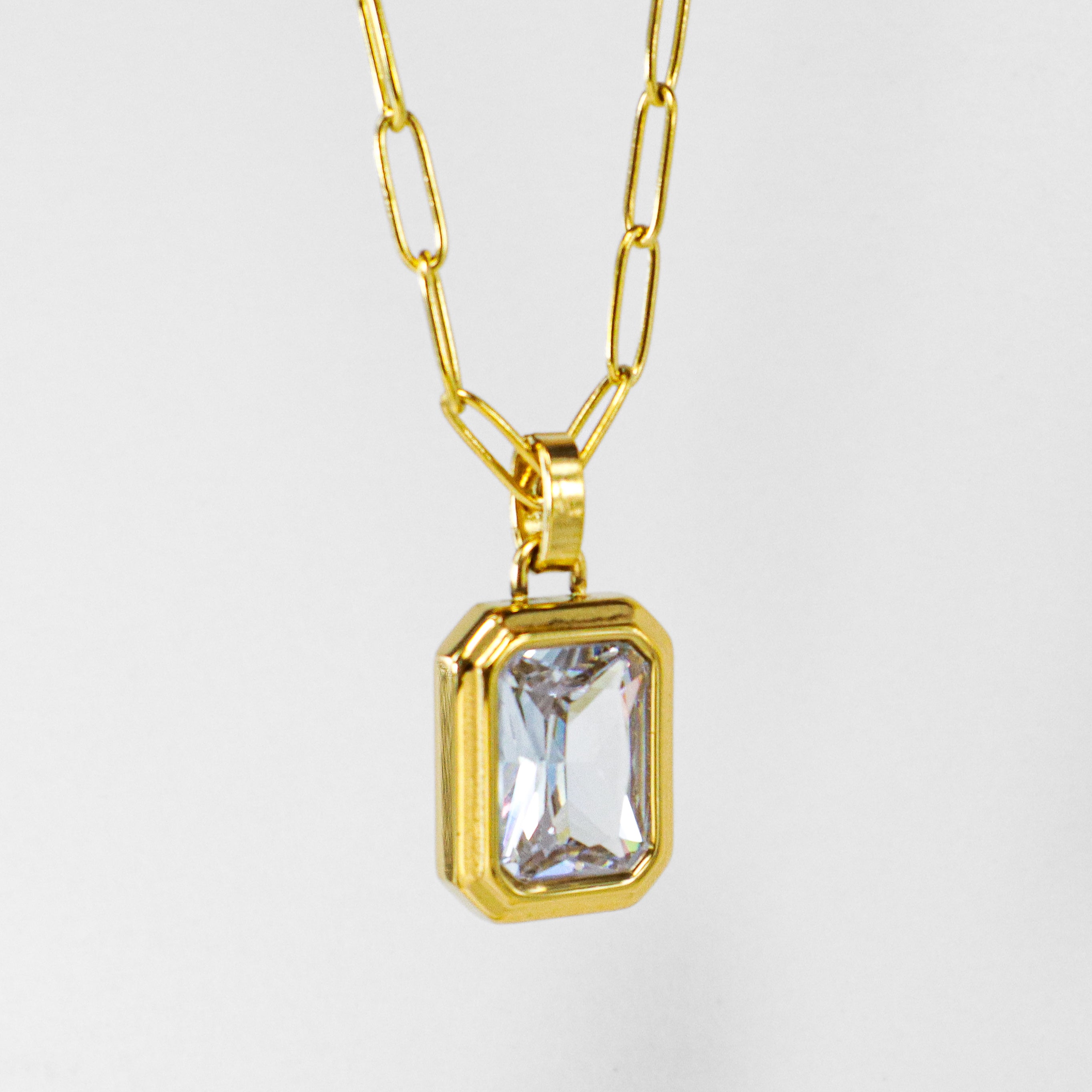 Emerald Cut Diamond Crystal & Gold Staple Chain Necklace