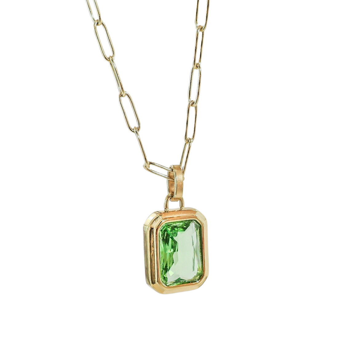 Emerald Cut Green Peridot & Gold Staple Chain Necklace