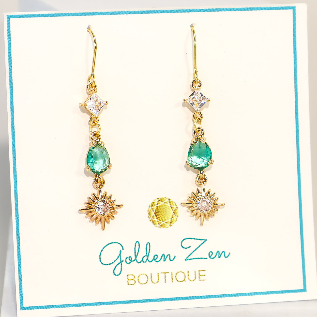 Gold & Teal Crystal Starburst Earrings