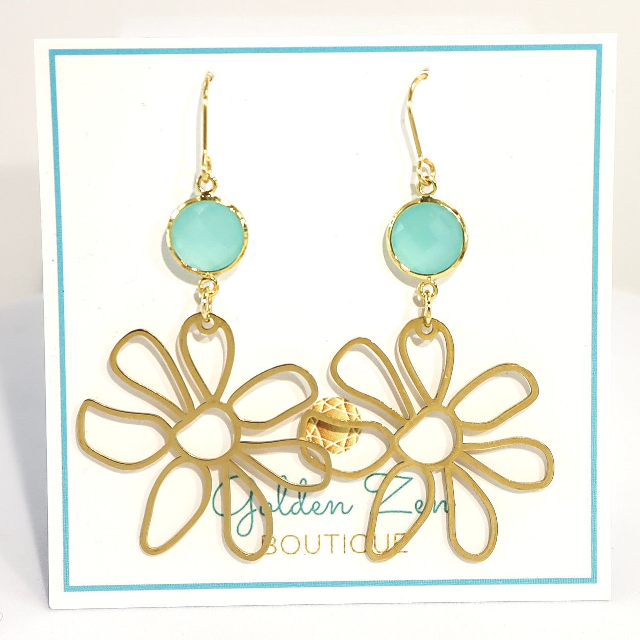 Mint Green & Gold Flower Dangle Earrings