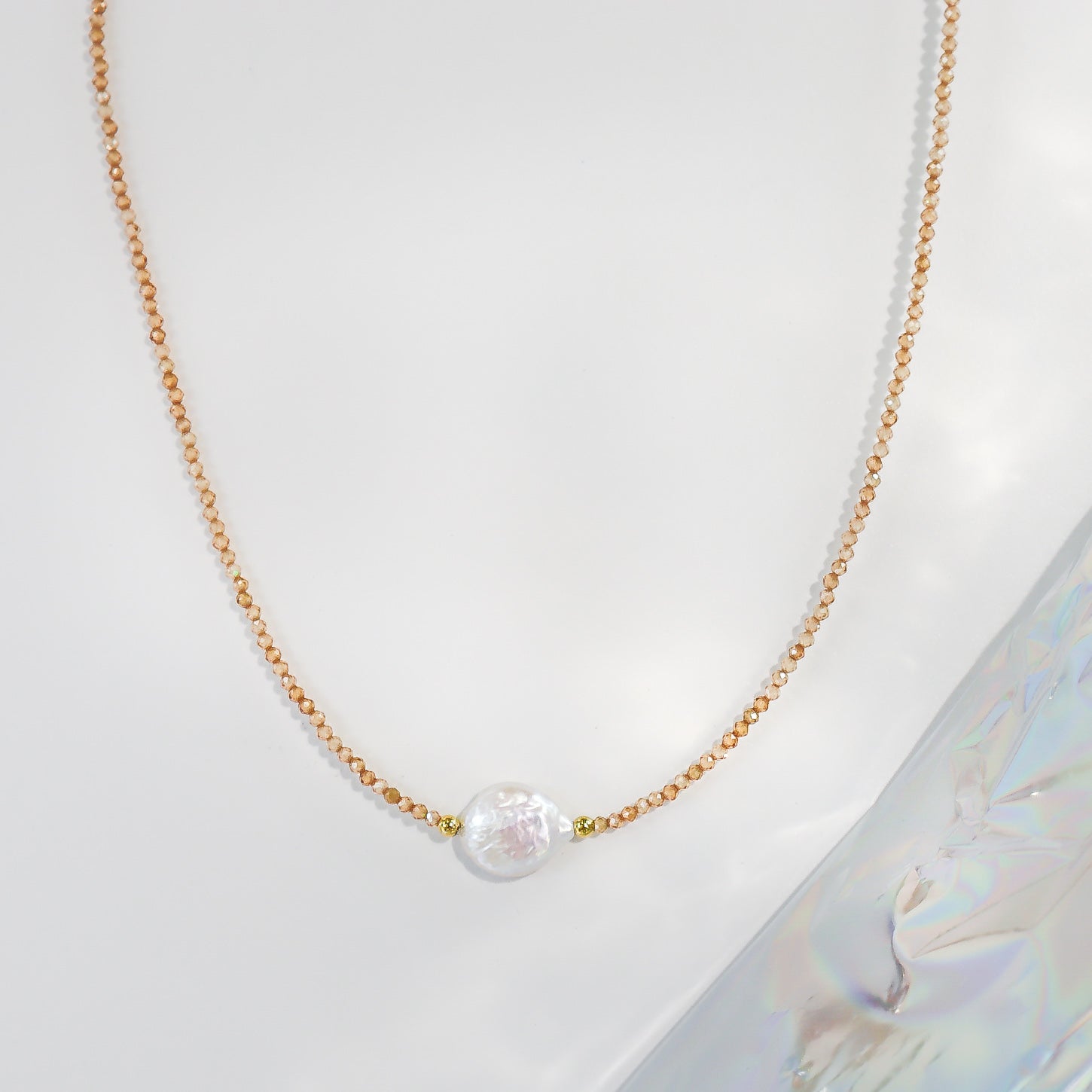 Fresh Water Coin Pearl & Tan Crystal Necklace