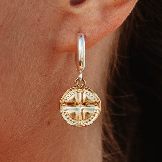 Two Tone Key West Treasure Coin Medallion Hoop Earrings