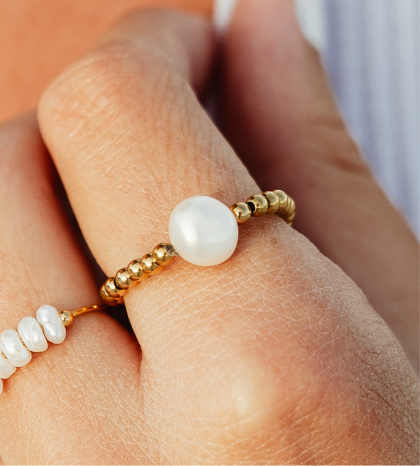 Stainless Steel Beaded Fresh Water Pearl Stretch Ring